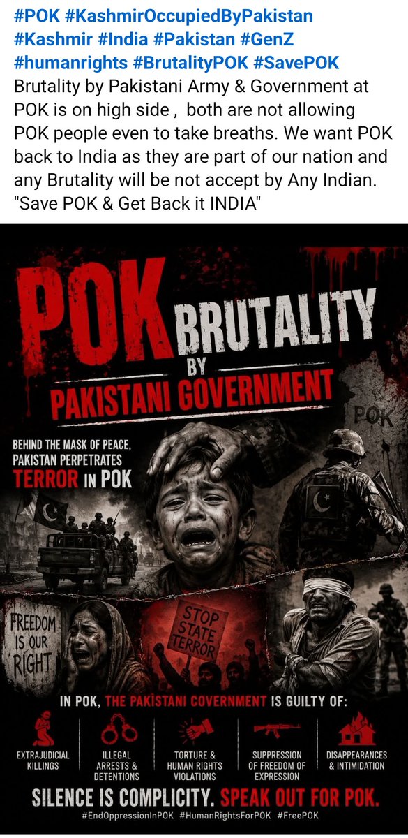 aamitthinker's tweet photo. @narendramodi @CMShehbaz @UNHumanRights @UN  #POK 
#UnitedNation #PakistanArmyTerrorist #PakistanTerroristCountry India need to take action or continue" Operation Sindoor" as POK is only our nation part, any terrorist action by Pakistani Army &amp; Government is not accept ed https://t.co/KyEqHoV2zG
