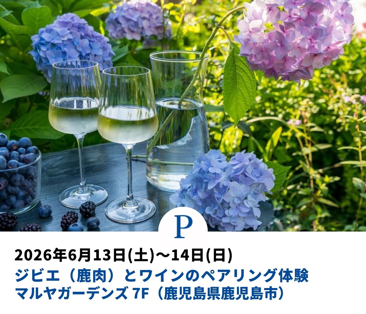 PierothJapan's tweet photo. こんにちはピーロート・ジャパンです🍷

【ご案内】
ジビエ（鹿肉）とワインのペアリング体験🍷
鹿児島マルヤガーデンズでワインの無料テイスティングイベントを開催いたします。ジビエとのペアリングを楽しみながらワイン選び🎶

▼詳細・予約
https://t.co/uNVlpJIqeK

#鹿児島 #ワインイベント https://t.co/IzkrOoOlHA