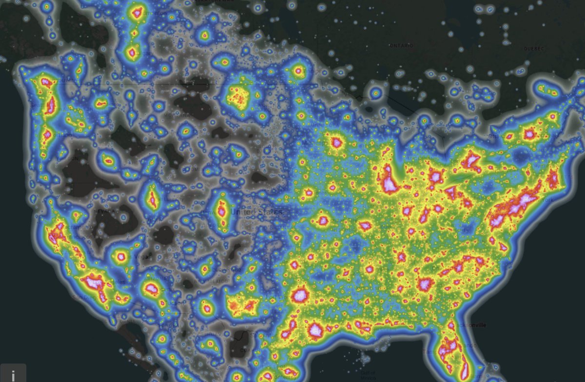 Alkibiades_'s tweet photo. Light pollution map is wild the more you look at it.  

Not a single area in the eastern half of the US where its completely dark. https://t.co/hoes4qykE4
