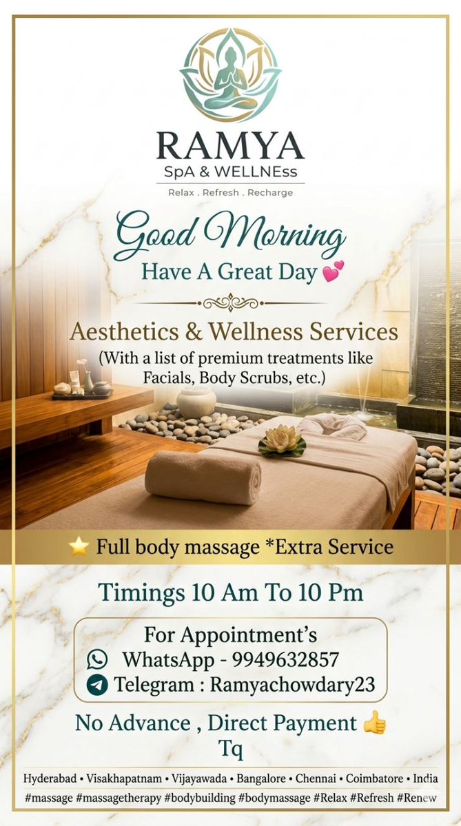 RamyaParupally's tweet photo. 9949632857 WhatsApp 
Ramya  Spa &amp; Wellness
Telegram : Ramyachowdary23
Full body massage *Extra Service
"No Advance , Direct Payment" Tq  👍

#massage #massagetherapy #bodybuilding #bodymassage #hyderabad #visakhapatnam #vijayawada #bangalore #Chennai #Coimbatore #India #Relax https://t.co/GDsg97dgSn
