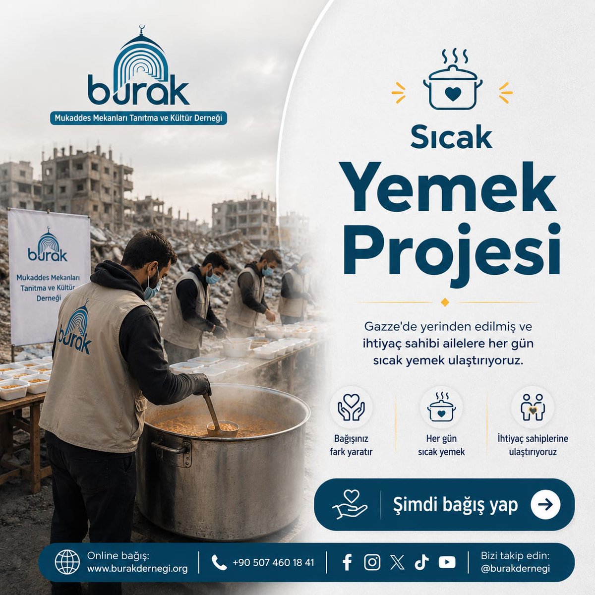BurakDernegi's tweet photo. Sıcak Yemek Projesi: Bir Tabak, Bir Umut

Filistin’de yerinden edilmiş ailelere her gün sıcak yemek ulaştırıyoruz. Burak Derneği olarak bağışlarınızla kurduğumuz kazanlardan çıkan sıcak yemekler, ihtiyaç sahiplerine umut oluyor.

Senin desteğin bir sofrayı ısıtıyor, bir aileyi ayakta tutuyor.  

➡️ Online Bağış : https://t.co/STJ78ntgvl
➡️ Sms Bağışı: "FILISTIN" yazıp 9159 a göndererek 50 TL bağışta bulunabilirsiniz.

----------------------------------
https://t.co/ZlCd66MlKb
info@burakdernegi.org
90 507 460 18 41