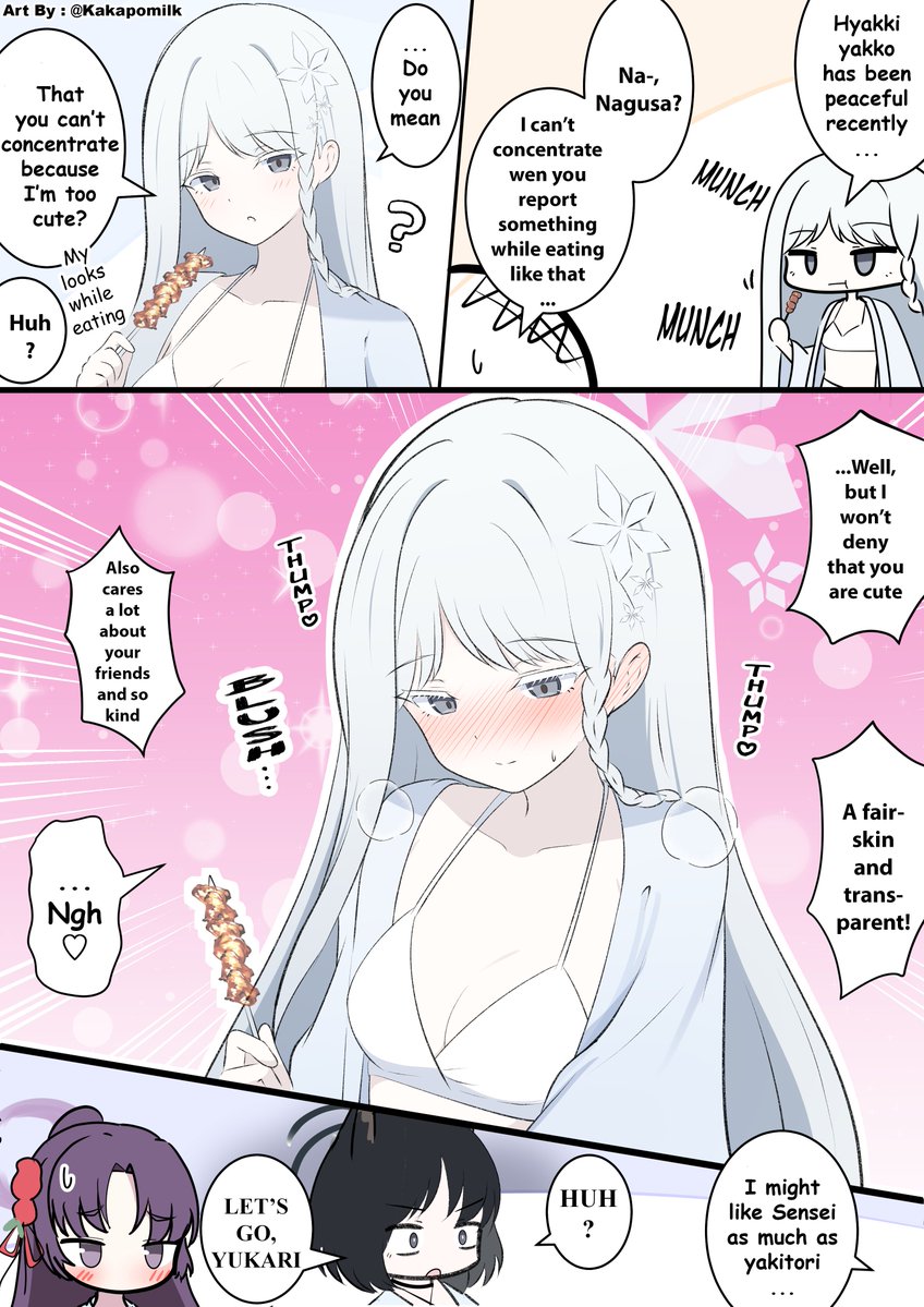 Yukishiro_R's tweet photo. @kakapomilk 英語版です！
[English Version]

Cool-type beautiful girl Nagusa

This is a manga about Nagusa in a swimsuit who loves yakitori！

彼女にとあんな口説いてる言葉でどめを刺すな😅

#BlueArchive
#ブルアカ https://t.co/j5ezihI2A0