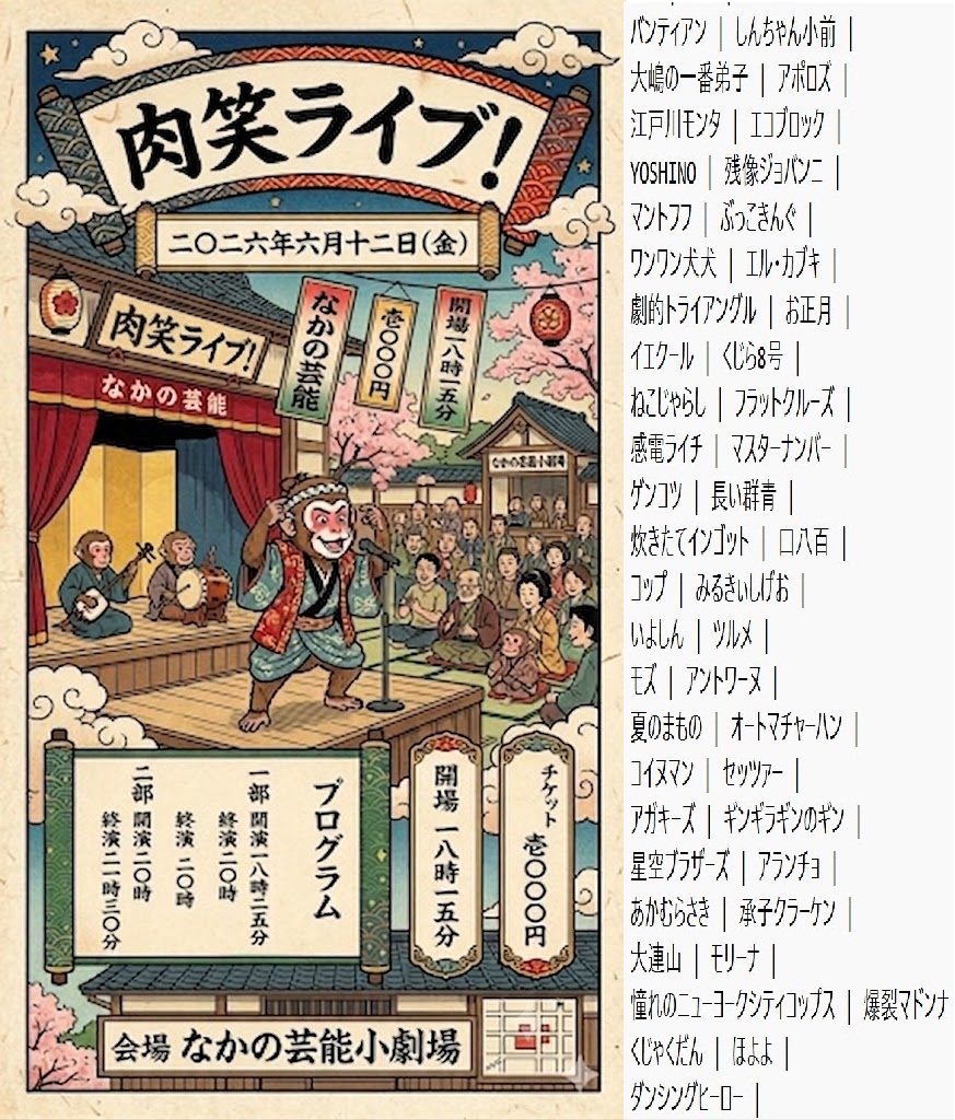 takastarfire's tweet photo. 明日、
6/12　金曜日はなかの芸能小劇場で肉笑ライブ(*^_^*)

上位二組が
毎週賞金１０，０００円、疾風迅雷舞へオファー

6/12(金) 18:25～21:30 なかの芸能小劇場劇場
肉笑ライブ！☆☆☆　〜ネタライブ〜

開場18時15分 
１部 開演18時25 終演20時 
２部 開演20時 終演21時30分 
※エンディングが10分ほどあります。
 
会場 　なかの芸能小劇場 
住所 東京都中野区中野５丁目６８−７ 
https://t.co/Wptyj1FB9d 

チケット 1000円 

1部前半
あかむらさき
マントフフ
感電ライチ
くじゃくだん
しんちゃん小前
エコブロック
ダンシングヒーロー
アポロズ
ぶっこきんぐ
エル・カブキ
アガキーズ
大連山

1部後半
残像ジョバンニ
YOSHINO
大嶋の一番弟子
お正月
江戸川モンタ
ワンワン犬犬
みるきぃしげお
くじら8号
フラットクルーズ
マスターナンバー
長い群青
口八百

2部前半
モリーナ
セッツァー
ねこじゃらし
ゲンコツ
炊きたてインゴット
コップ
いよしん
モズ
コイヌマン
劇的トライアングル
イエクール

2部後半
憧れのニューヨークシティコップス
ジネンジョ
ガチャンコ
星空ブラザーズ
ツルメ
アントワーヌ
爆裂マドンナ
ギンギラギンのギン
バンティアン
ほよよ
承子クラーケン

その他

スポンサー様

#FAIRYTAIL
https://t.co/1znz3HFJyW

今後のライブ全日程こちらです🙇
https://t.co/DDd0vQHrwM

ホームページ
https://t.co/kzLF6zopIO

チケット予約はTwitterでもオープンチャットでも公式LINEでも芸人さんでも大丈夫です。
↓

オープンチャット「肉食、疾風、小猿、首領猿、チケット予約」
https://t.co/PcDl631YKd

公式LINE
https://t.co/YJqMnmq6fy

どの場合でも芸人さんにバックつきます。