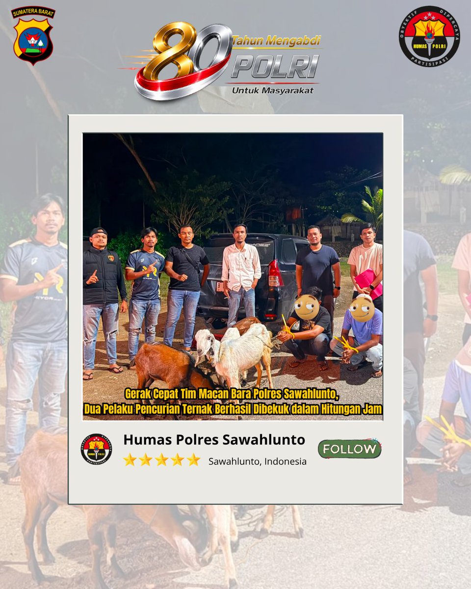 Polres_SWL's tweet photo. Tim Macan Bara Sat Reskrim Polres Sawahlunto kembali menunjukkan respons cepat dalam mengungkap tindak pidana yang meresahkan masyarakat. Kali ini, dua orang terduga pelaku pencurian hewan ternak berinisial A dan M berhasil diamankan kurang dari 24 jam. https://t.co/OQdvHA2Eag