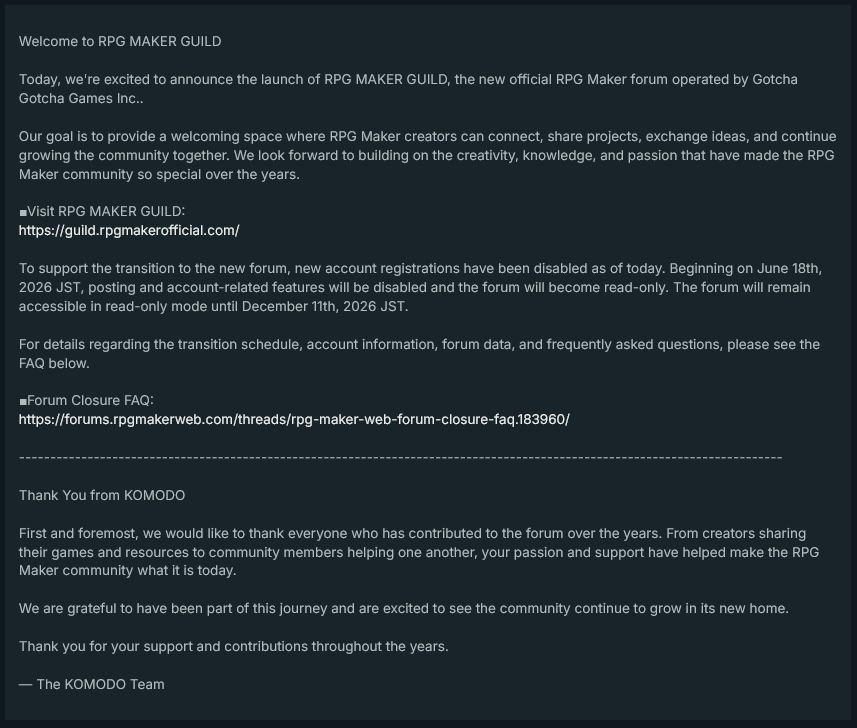 DevRPG2k's tweet photo. The RPGMakerWEB and TSUKOOL Web forums will be closed, but will remain active until December for anyone who wants to get what they need.
#RPGMakerweb #tkool #RPGMaker #RMMV #RMMZ #RPGMV #RPGMZ #RPGツクール #ツクール #GAMEDEV https://t.co/Gxt2ugfaZb