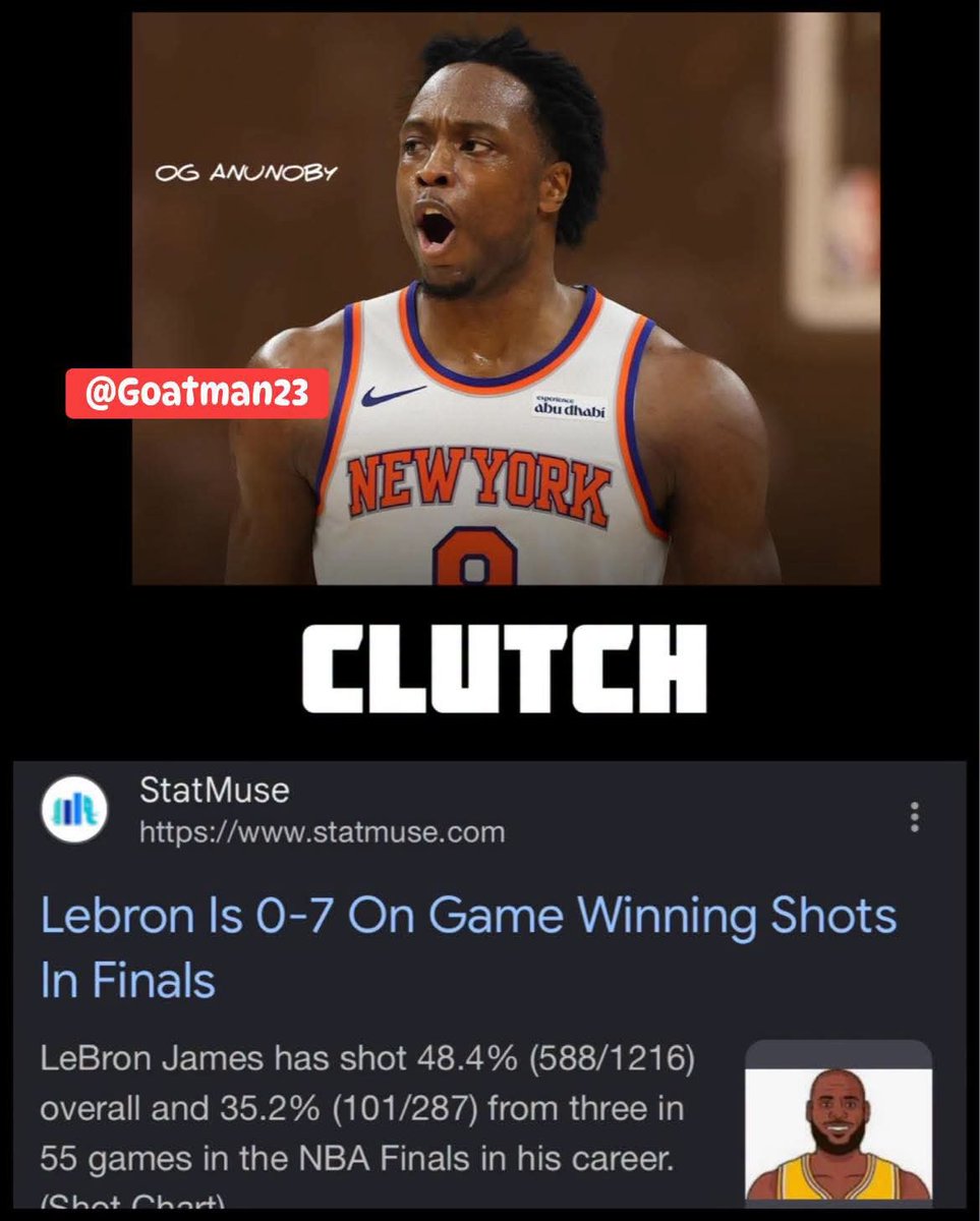 Goatmanx23's tweet photo. OG Anunoby is already a greater finals clutch performer than LeBron James, that’s not debatable 💯💯 https://t.co/6yVUn5iPuS