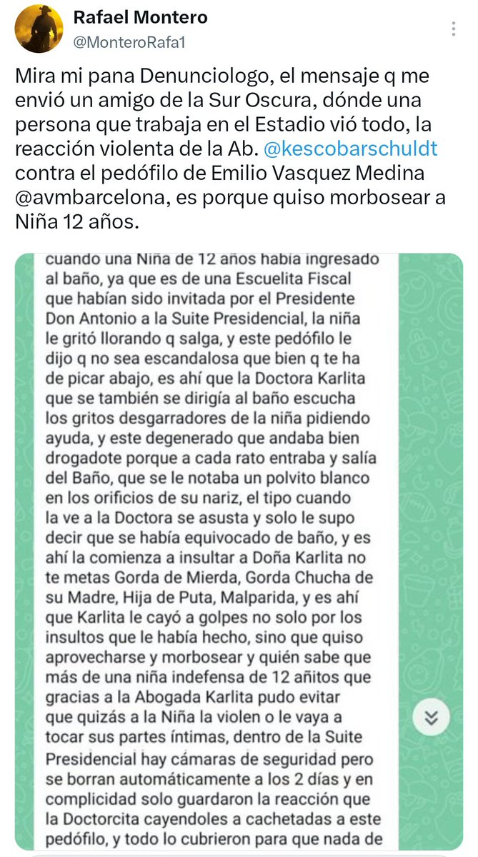 MonteroRafa1's tweet photo. @eduardoerazov @BarcelonaSC @StudioFutbol @SFRadio889 @RadioDibluFM @Caravana750 @ElCanalDFutbol @LineaDe5Ec Conozcan toda la verdad d lo sucedido del porqué la supuesta reacción violenta d la Ab. @kescobarschuldt contra el otro Directivo d Barcelona Emilio José Vasquez Medina.
APLAUSOS PARA LA AB KARLA ESCOBAR.
Sr @eduardoerazov debería haber investigado primero antes d acusar a la Dra https://t.co/n02QUvmVLX