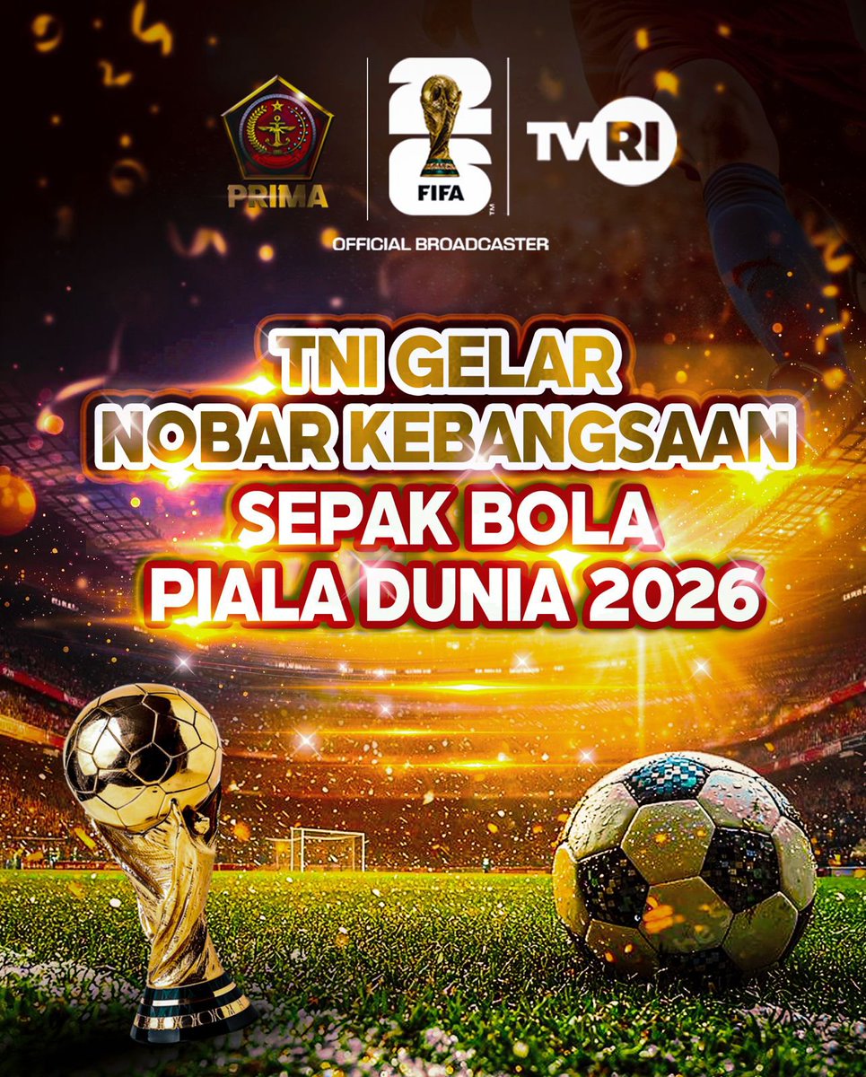 Puspen_TNI's tweet photo. TNI akan menyelenggarakan Nonton Bersama (Nobar) Kebangsaan pertandingan sepak bola Piala Dunia 2026 bersama masyarakat di satuan jajaran TNI seluruh Indonesia pada 11 Juni–19 Juli 2026. Kegiatan hasil sinergi Kementerian Pertahanan @Kemhan_RI, TNI, dan TVRI @TVRINasional ini bertujuan menumbuhkan semangat nasionalisme, memperkuat persatuan dan kesatuan bangsa, serta mempererat kebersamaan antara TNI dan rakyat. Selain menjadi sarana hiburan, kegiatan yang melibatkan satuan TNI di berbagai wilayah ini juga diharapkan mampu mendukung perekonomian daerah melalui pemberdayaan UMKM, sekaligus menjadi wadah memperkuat silaturahmi dan semangat kebangsaan dalam suasana yang aman, tertib, dan penuh kebersamaan.

#tniprima
#tnirakyat
#indonesiaemas2045