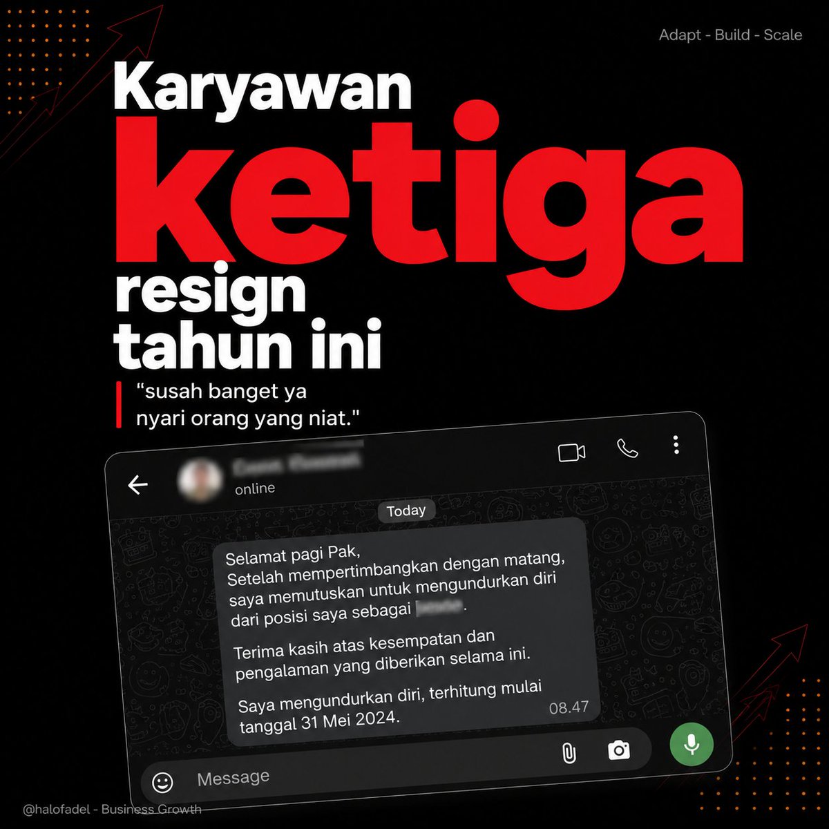 halofadel's tweet photo. Karyawan ketiga resign tahun ini
Yang ini baru 4 bulan

Lo baca chat resign-nya sambil ngehela napas:
"susah banget ya nyari orang yang niat"

Lo pasang loker lagi, rekrut lagi

Tiga bulan kemudian yang baru ikut males juga

Pola yang sama persis terulang https://t.co/xYYByUo49x