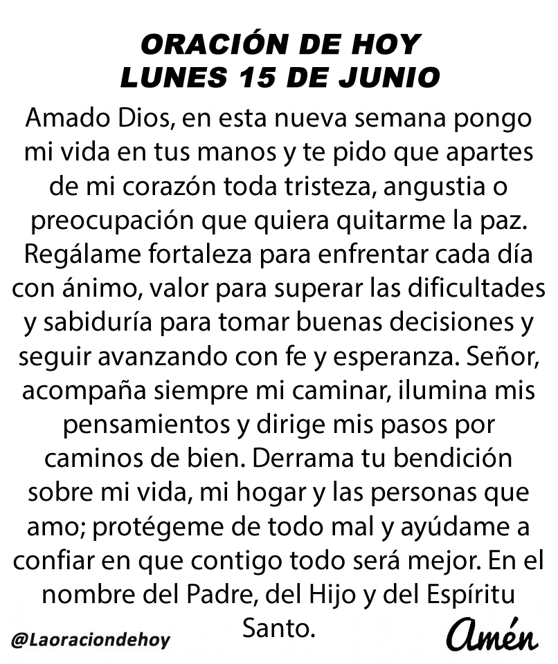 laoraciondehoy's tweet photo. Oración diaria para hoy lunes 15 de junio de 2026. https://t.co/nrfnUaJWSZ