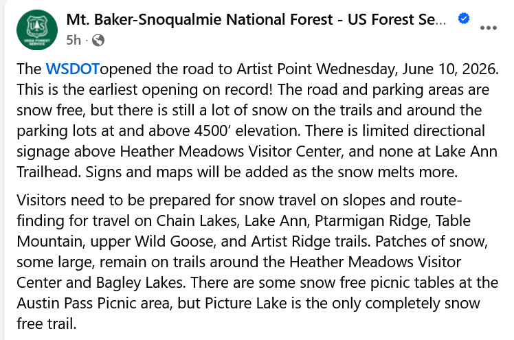 lilo623's tweet photo. @ShannonODKOMO @komonews The road to Artist Point is open - the earliest on record.
A lot of snow will melt this weekend! #MtBaker #MtShuksan https://t.co/m4ZsyLQHI2