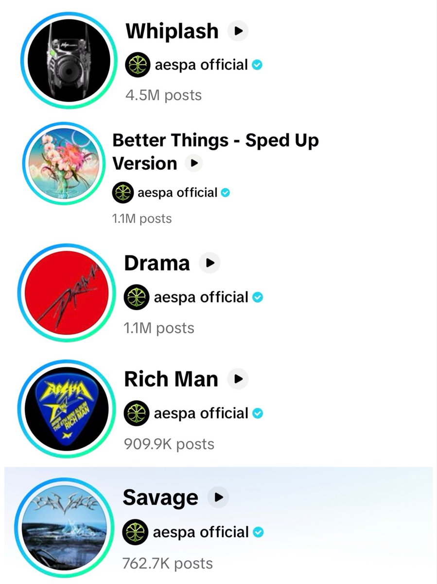 naevislevel11's tweet photo. aespa’s Top 10 most used TikTok songs on the platform:

1. Whiplash - 4.5M
2. Better Things (Sped Up Version) - 1.1M
3. Drama - 1.1M
4. Rich Man - 909K
5. Savage - 762K
6. Supernova - 751K
7. Next Level - 611K
8. Armageddon - 566k
9. Black Mamba - 563k
10. Up (Karina Solo) - 491k https://t.co/etTGCaY9bo