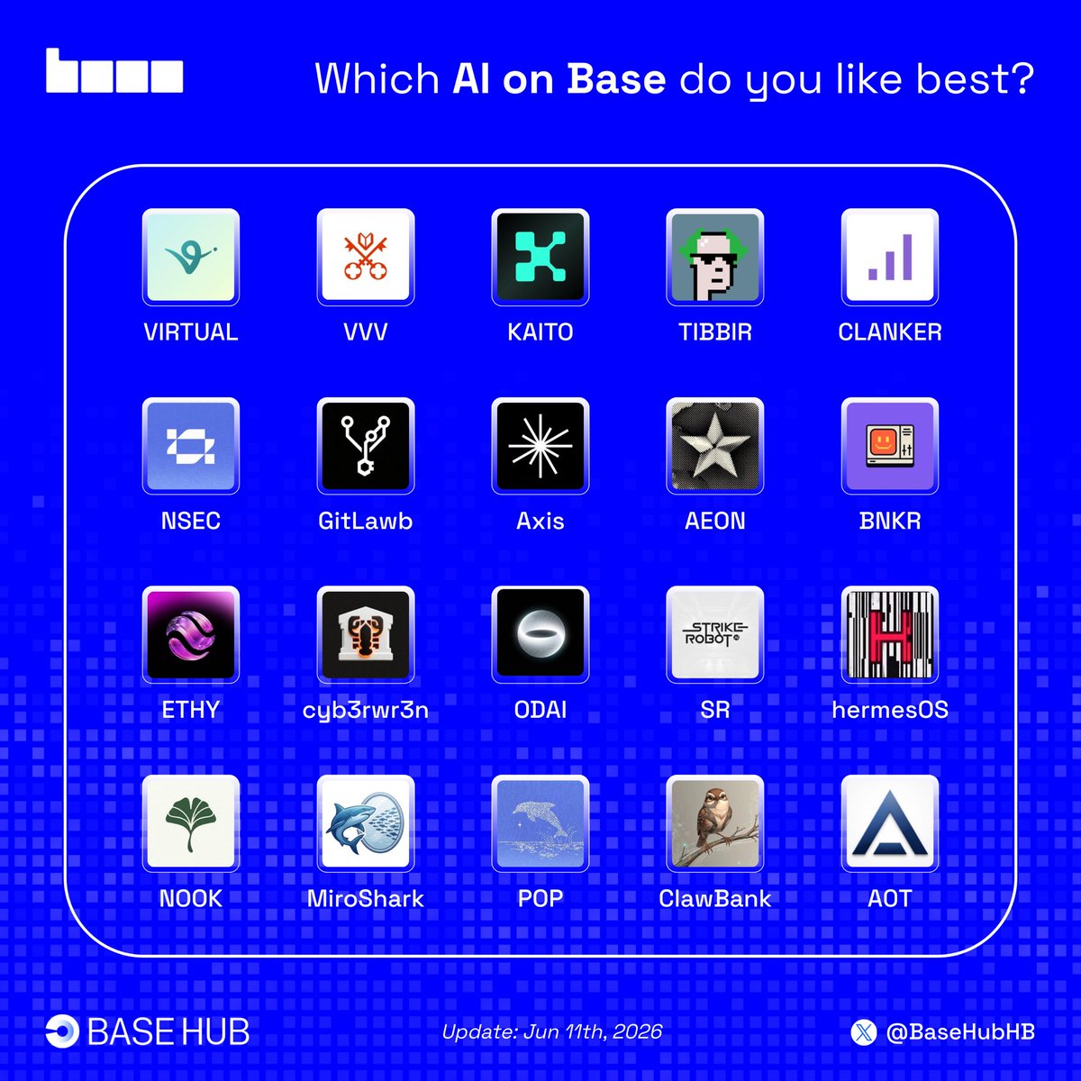 BaseHubHB's tweet photo. Which AI on Base do you like best? https://t.co/s97cOPQ6uz