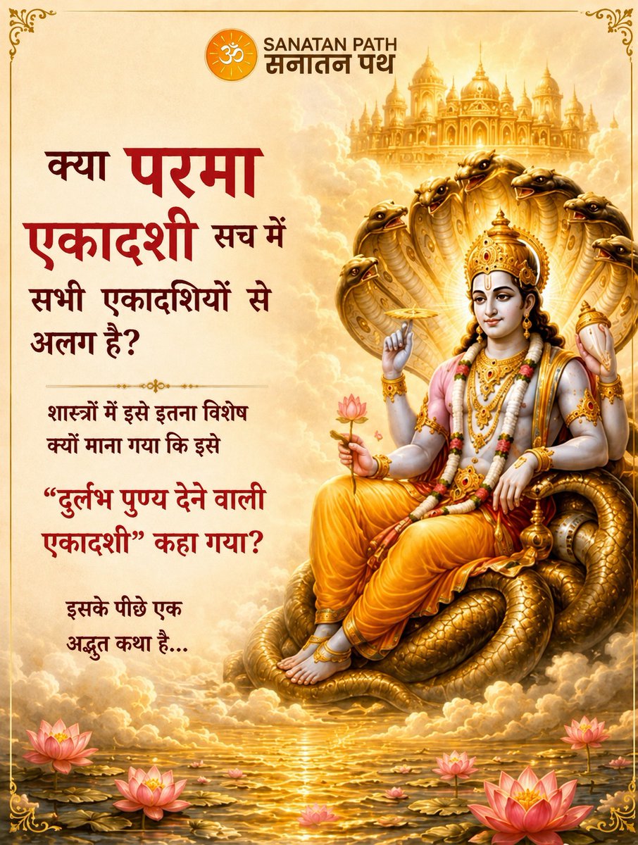 Sanatanpathapp's tweet photo. दुर्लभ पुण्य देने वाली 'परमा एकादशी' क्यों है इतनी विशेष? 

यह व्रत सिर्फ इच्छाएं पूरी करने के लिए नहीं, बल्कि हमें कठिन समय में धैर्य रखना और अभाव में भी ईश्वर पर अटूट विश्वास रखना सिखाता है। 

कमेंट में लिखें: ॐ नमो भगवते वासुदेवाय

#ParamaEkadashi #LordVishnu #sanatanpath https://t.co/tj9F2cionC