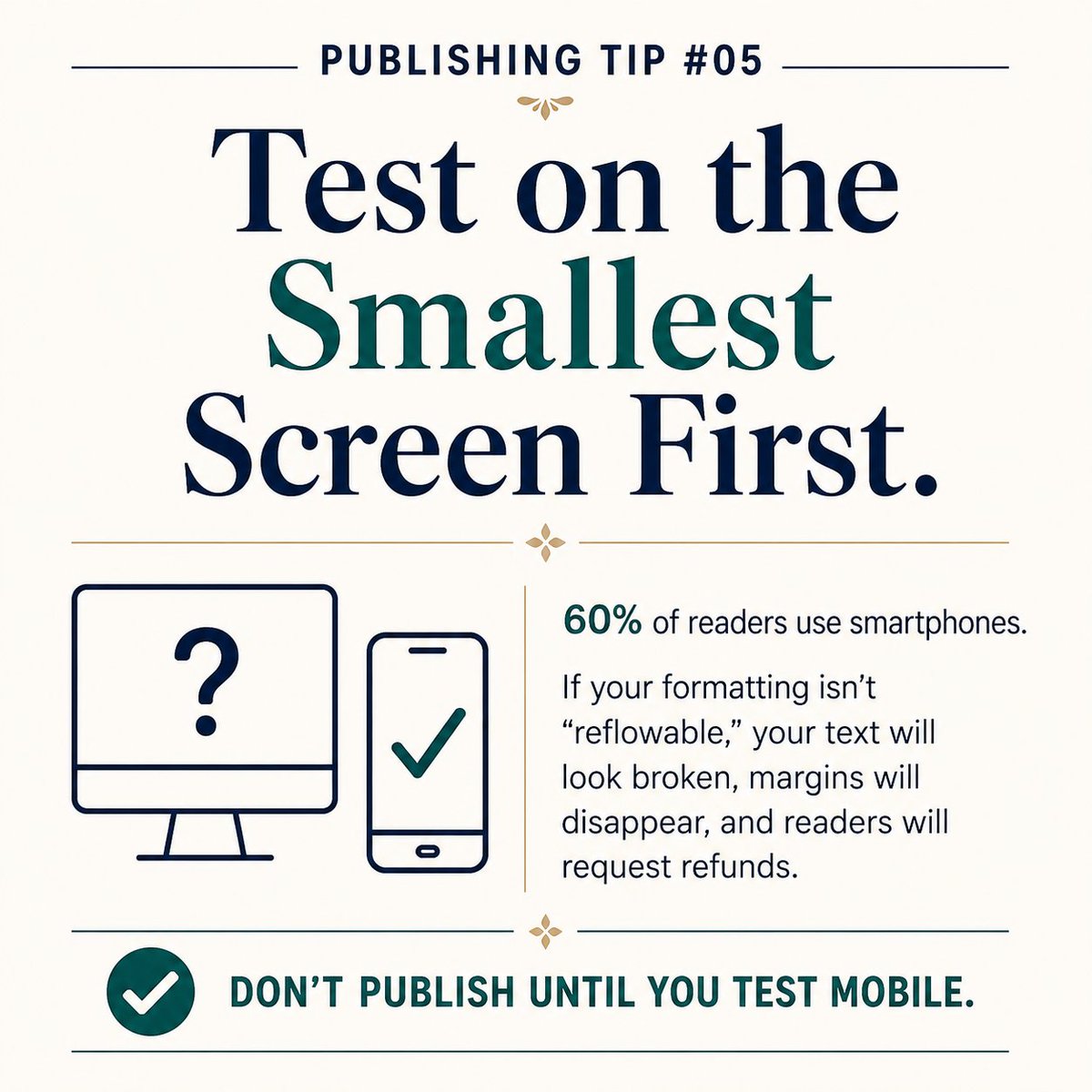 _AtoZConversion's tweet photo. 70% of readers buy eBooks on their phones.
If your formatting looks great on a laptop but breaks on a smartphone, you're losing fans.   
Never hit "Publish" until you've tested on the smallest screen!  
DM "TEST" for a free audit   
#AmazonKDP #SelfPublishing #IndieAuthor https://t.co/IX5nM9T6g2