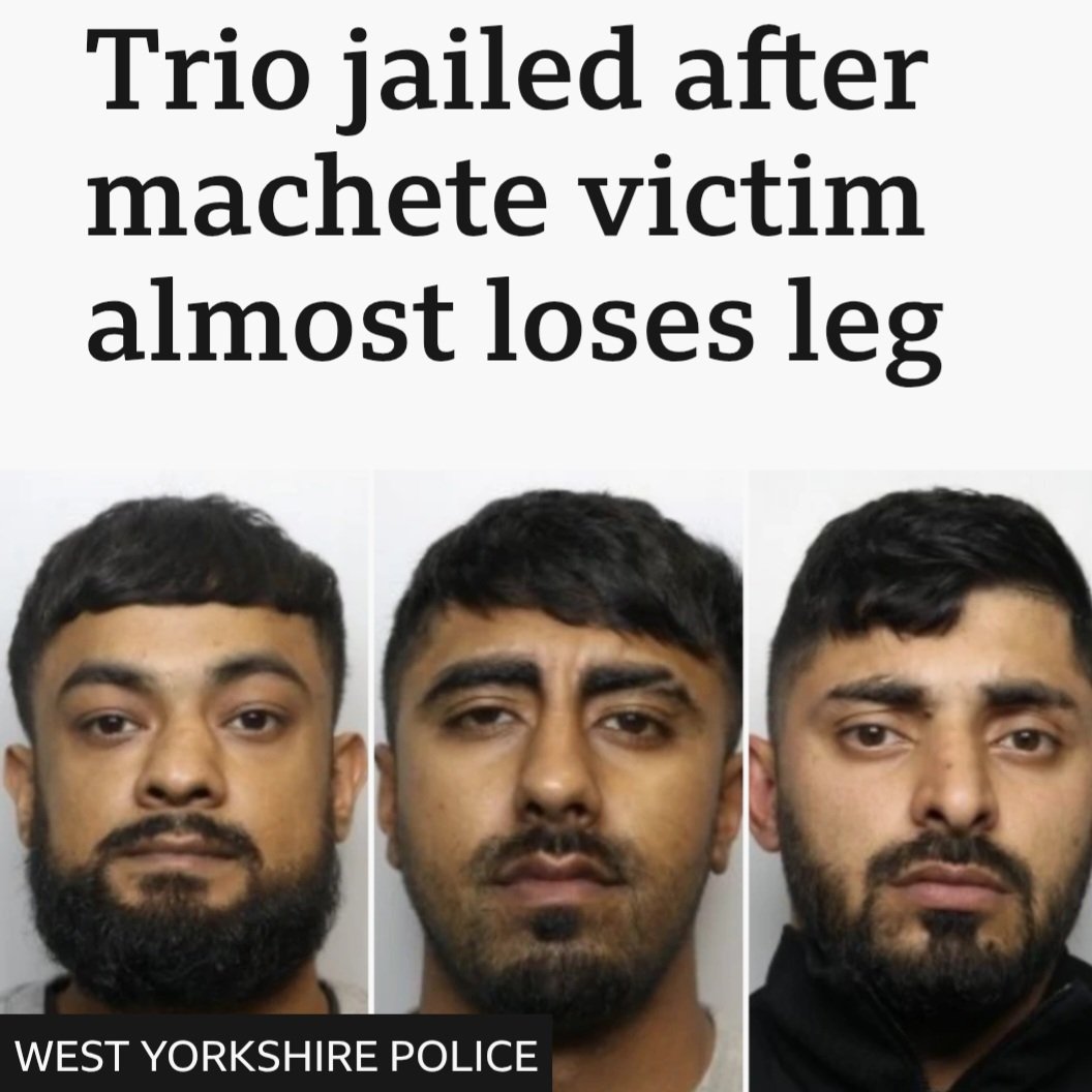 DonnaLouise1212's tweet photo. Three men from a gang of armed savages have been jailed for a brutal machete attack in Dewsbury that nearly cost a 23-year-old his leg.

They deliberately rammed him with a car before hacking him in broad daylight on Ravens Crescent while kids were playing nearby. 

Sabeel Ayub (33) got 14 years 8 months. Faizaan Bashir (26) and Fahim Iqbal (35) got 12 years each.

Two more still on the run: Faisal Ali and Kessar Iqbal.