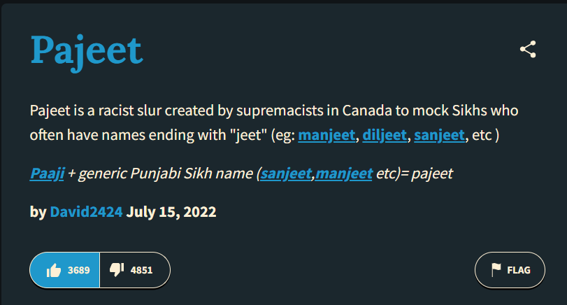 NoNoonelovesme's tweet photo. That's not entirely wrong. The term "p0j&amp;9t" was initially used in Canada primarily for Sikhs but over time it became a general slur for all Indians. But I can say that many stereotypes about Indian looks, bad accents &amp; body odor are because of the visibility of Southies abroad. https://t.co/5pvKmXWrhN