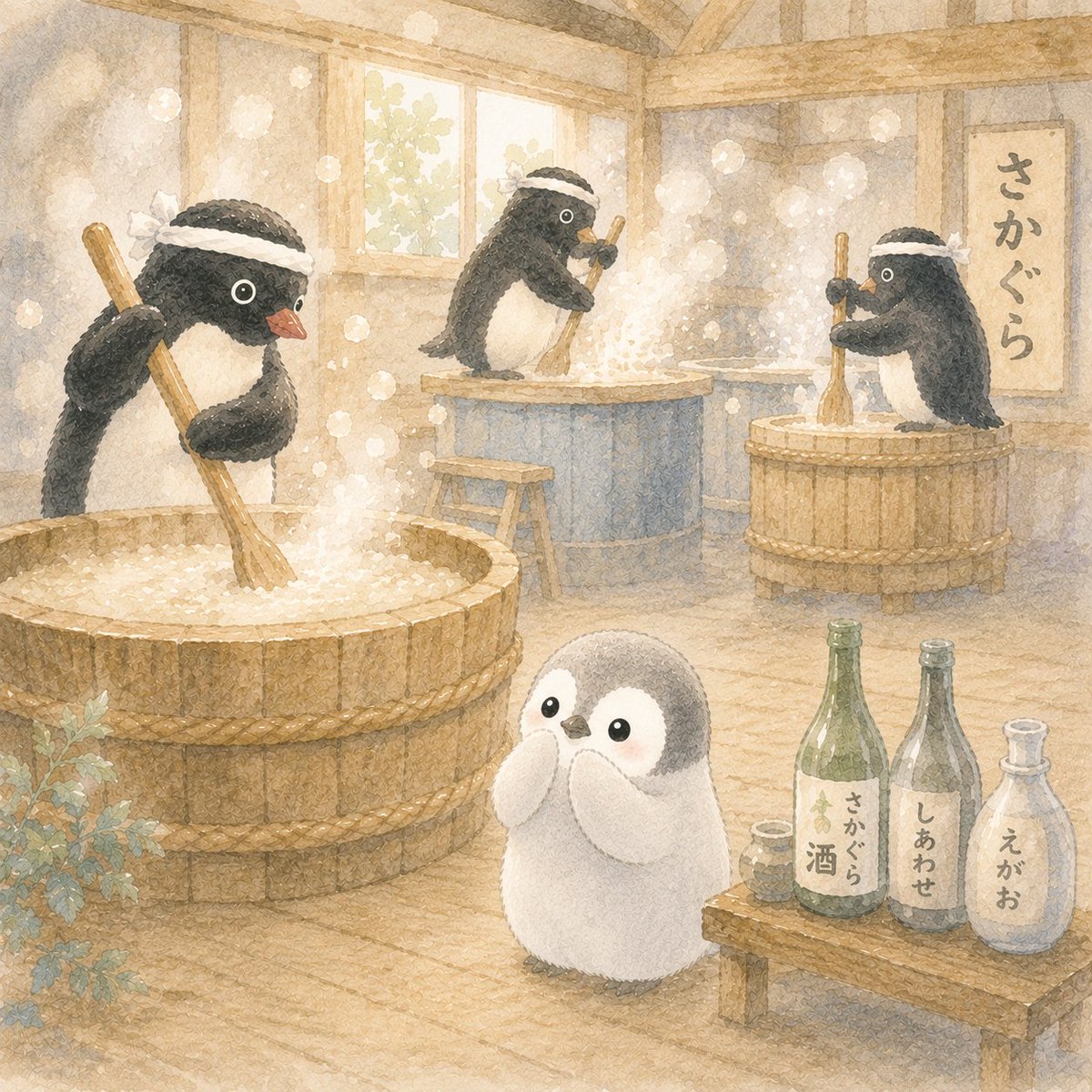 penguinnooyatsu's tweet photo. お酒っていう飲み物を作っているさかぐらっていうところに遊びにきたよ。

みんな、一生懸命お酒をまぜまぜ、ぽこぽこ🍶🫧
⁡
作ったお酒を飲んだらみんな笑顔になるんだって！

#こはくちゃん
#こはく旅
#酒蔵見学
#酒造り
#日本酒 https://t.co/QX4dih004b