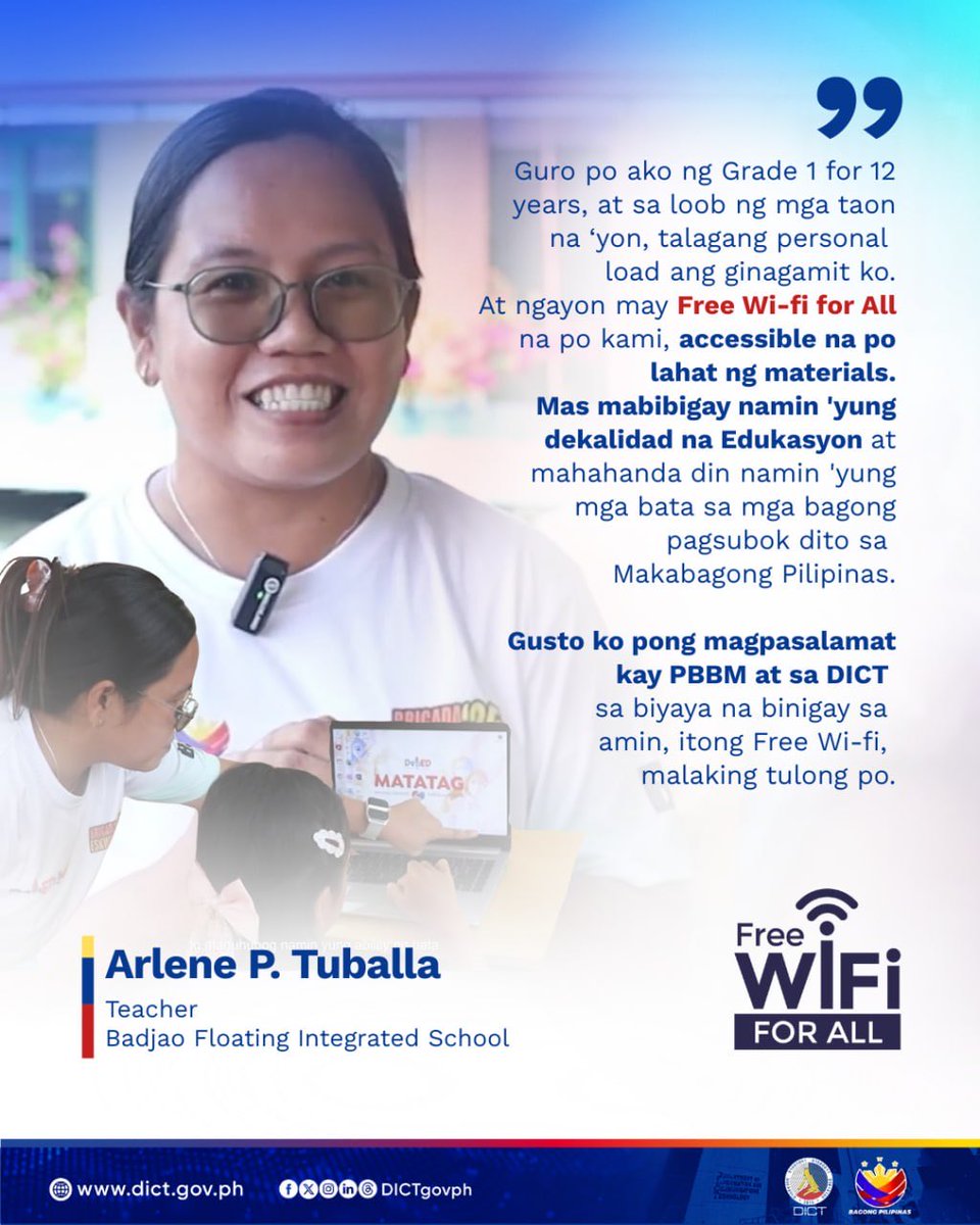 DICTgovph's tweet photo. Ibinahagi nina Vivian A. Sarama, Nur-Qaidar Sakili, at Teacher Arlene P. Tuballa kung paano nakatulong ang Free Wi-Fi for All Program sa kanilang pag-aaral, pagtuturo, at pang-araw-araw na buhay.
TINGNAN: https://t.co/5TruS6F35T
#DICT #FreeWiFiForAll #Basilan #BagongPilipinas https://t.co/EVhD8OuWWJ