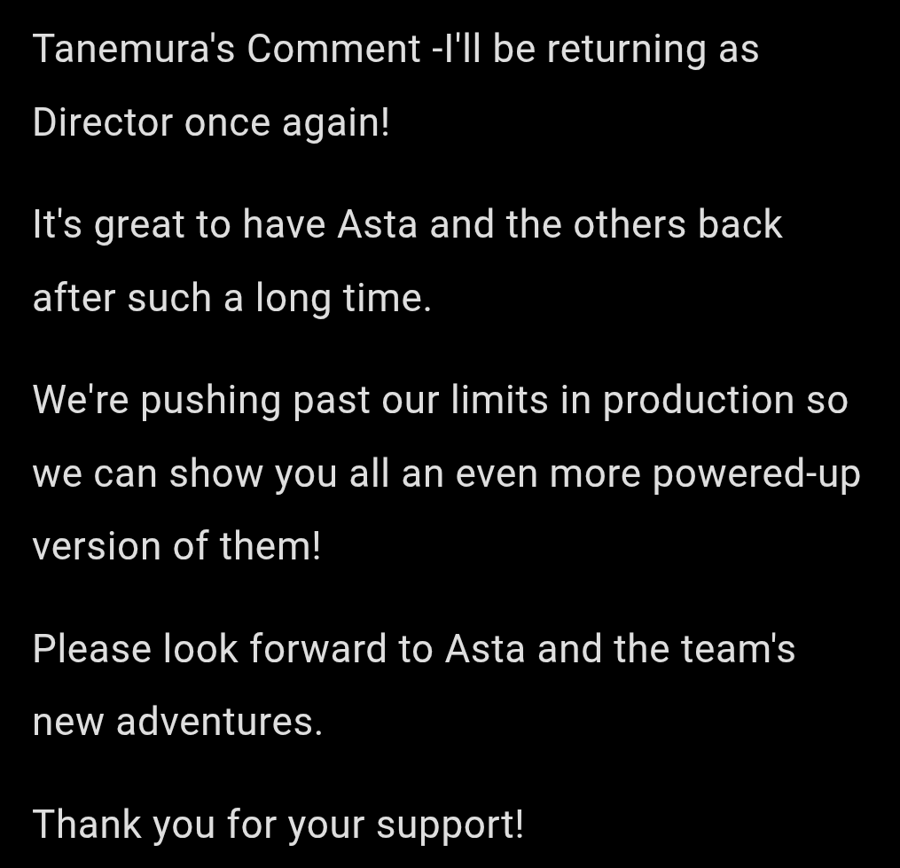 HikariSuzuki14's tweet photo. BREAKING NEWS 🚨 #BlackClover

OFFICIAL : BLACK SEASON 2 IS CONFIRMED TO BE RELEASED OCTOBER 2026.

BLACK CLOVER SEASON 2 DIRECTOR COMMENT TANEMURA, ALONG WITH AN EPIC ILLUSTRATION BY HIM.

WE ARE SO BACK 🥳😤 https://t.co/wRr3niUIrx