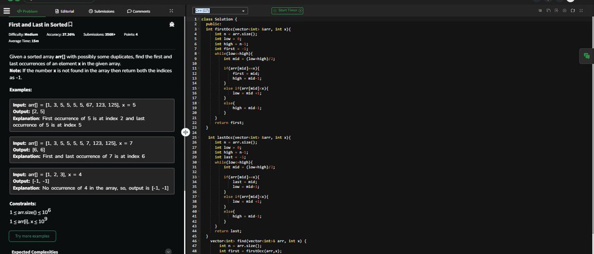 aarucode2332's tweet photo. Today Solved:
1. Find first and last occurrence.
(Solved with Lower bound and upper bound as well as with plain binary Search).
2. Number Of occurrences. https://t.co/qxIl8TdwHY
