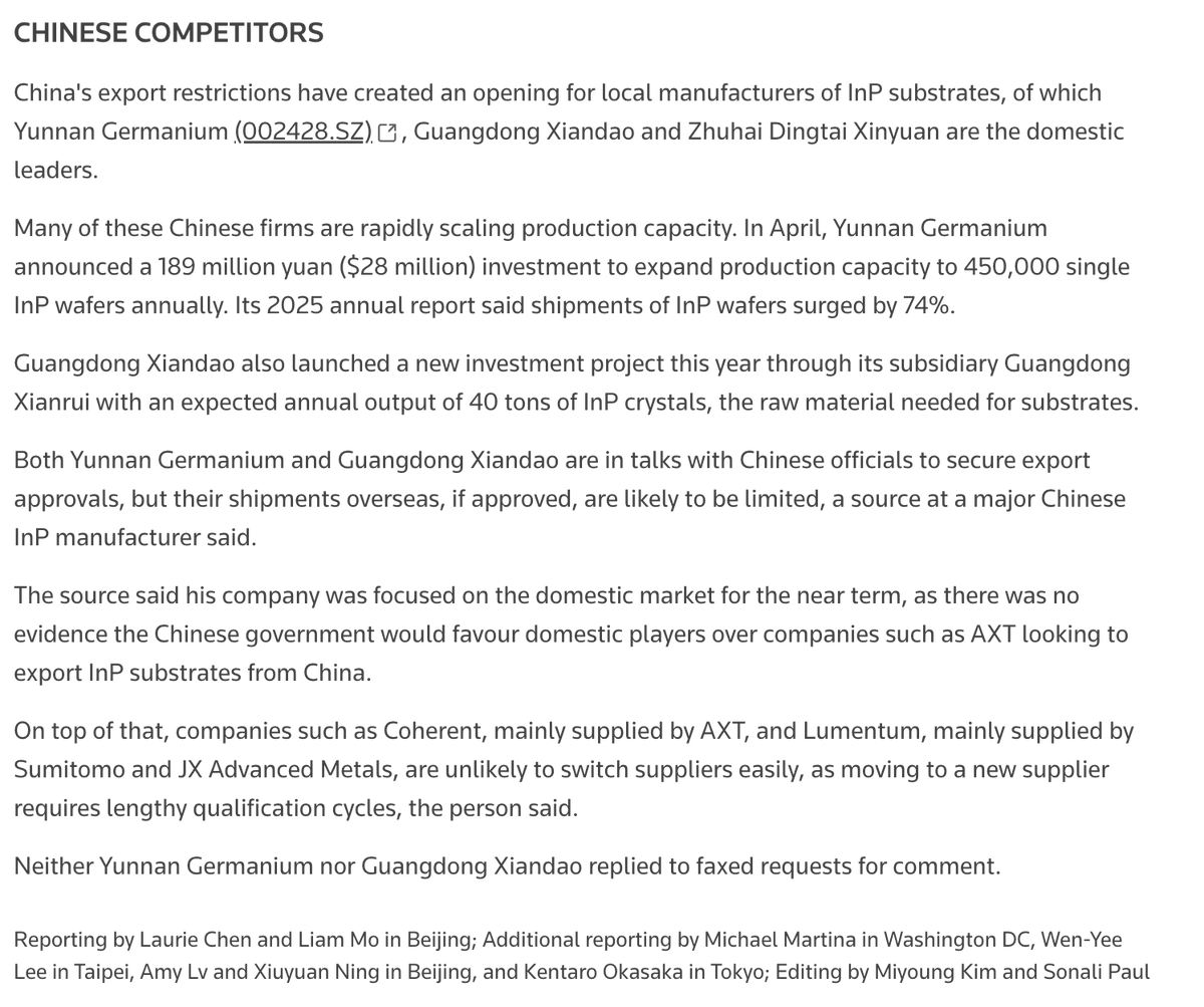 jukan05's tweet photo. Reuters: U.S. officials have visited China multiple times and urged the Chinese side to resolve the InP export controls, but China is still causing delays in export approvals.

As a result, U.S. photonic chip manufacturers that need InP are facing difficulties.

However, China does not appear to be particularly favoring domestic Chinese companies over U.S. companies operating in China. China wants to maintain the bottleneck the U.S. is facing in InP, so most Chinese domestic InP producers are focusing on the domestic market.

Chinese InP manufacturers such as Yunnan Germanium and Guangdong Xiandao are both in talks with Chinese authorities to secure export approvals, but even if approvals are granted, overseas shipments are likely to remain limited.