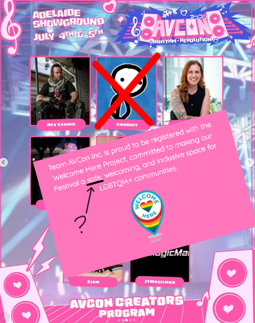 EmuUnit's tweet photo. Well I *was* going to attend AVCon this year, but after last years fiasco involving a creator harassing my partner on multiple occasions and AVCon acknowledging this:
They let in that same creator in again this year.
After learning about this, I sent them another email in regards to their decision and once again it got ignored.

So their wording of being a safe space and having a zero tolerance towards harassment feels an outright lie.