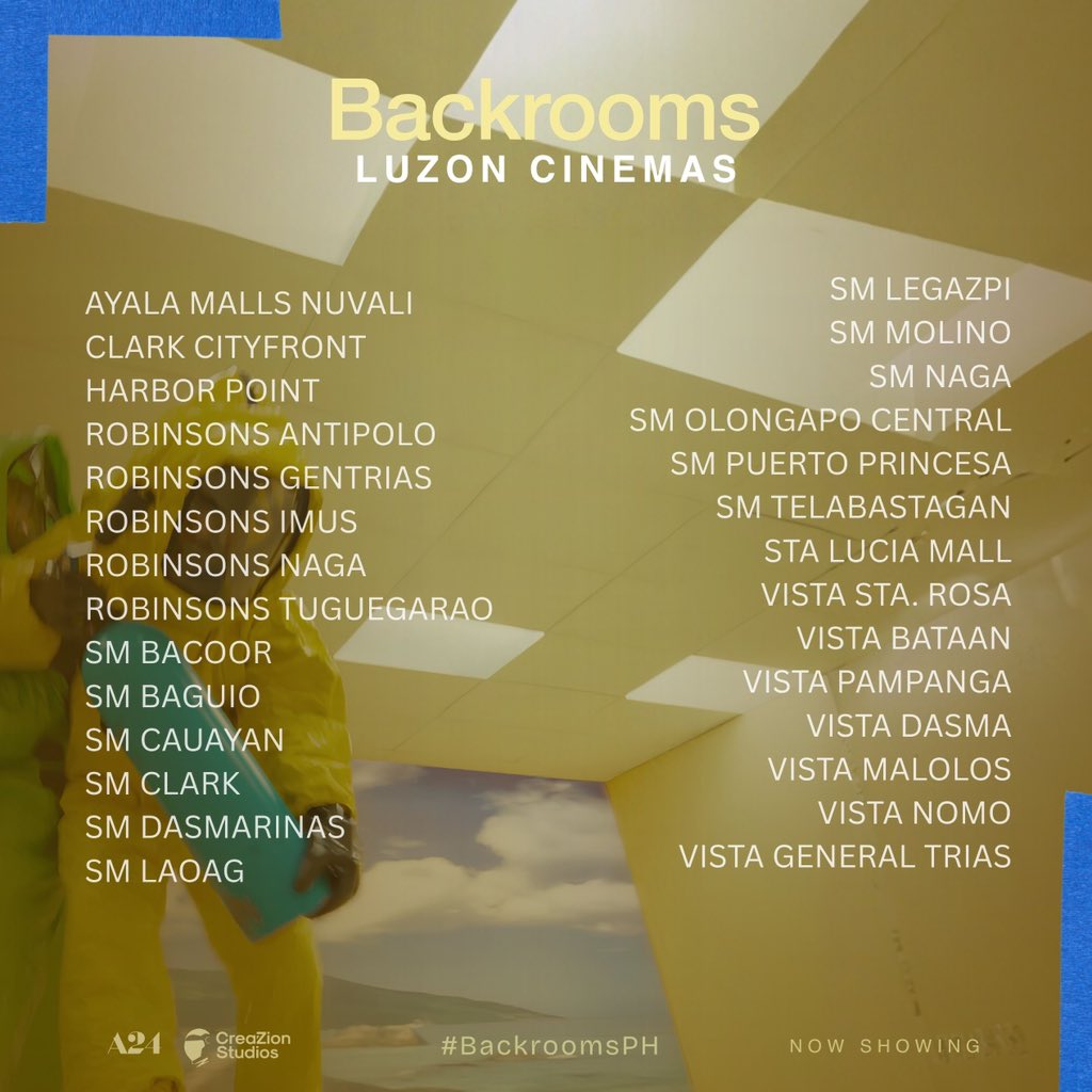 CreaZionStudios's tweet photo. THE HORROR GOES ON THIS THURSDAY

 BACKROOMS is now on its 2nd week in cinemas nationwide.

Get your tickets via https://t.co/sf5gB1UK94 or at your nearest cinema box office now! #BackroomsPH https://t.co/L4SkReXHXH