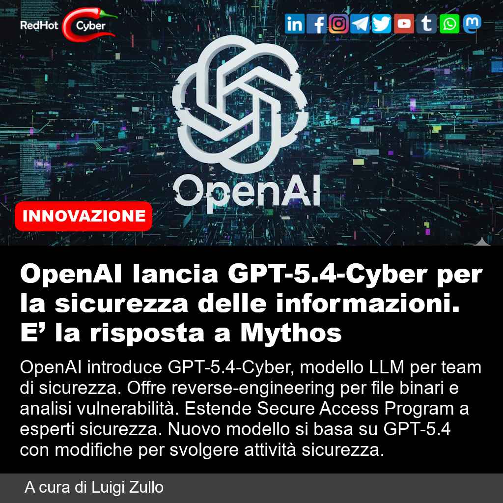 redhotcyber's tweet photo. OpenAI lancia GPT-5.4-Cyber per la sicurezza delle informazioni. E’ la risposta a Mythos
📌 Link all'articolo : https://t.co/dXPtIF5yOA
A cura di Luigi Zullo
#redhotcyber #news #gpt5 #cybersicurezza #sicurezzainformatica #intelligenzaartificiale #llm https://t.co/ZvCPtjMHyD