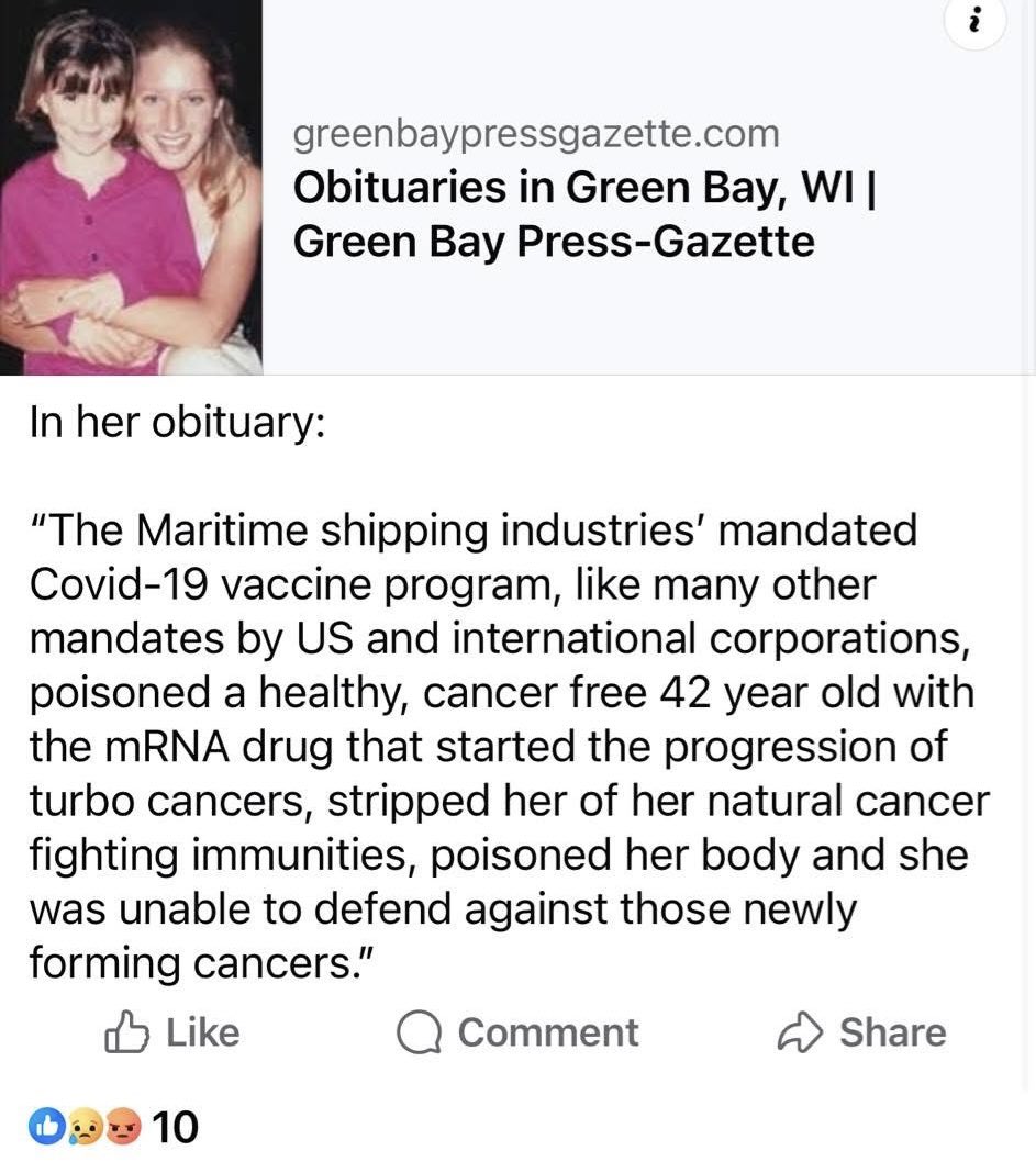 toobaffled's tweet photo. A healthy 42-year-old mother was mandated to take the COVID vaccine through her work in the maritime shipping industry.

In her own obituary, her family wrote that the mRNA shot “poisoned a cancer-free woman,” triggered aggressive turbo cancers, stripped her of her natural immunities, and left her unable to fight the disease.

She is gone far too soon.
This is the human cost that gets buried or dismissed. Families are losing loved ones and still speaking out in the most final way possible - through their loved one’s obituary.

Rest in peace to this beautiful soul.

If you’ve lost someone you love to sudden illness or turbo cancer after the shots, you’re not alone.

Sending love and strength to you all 🙏