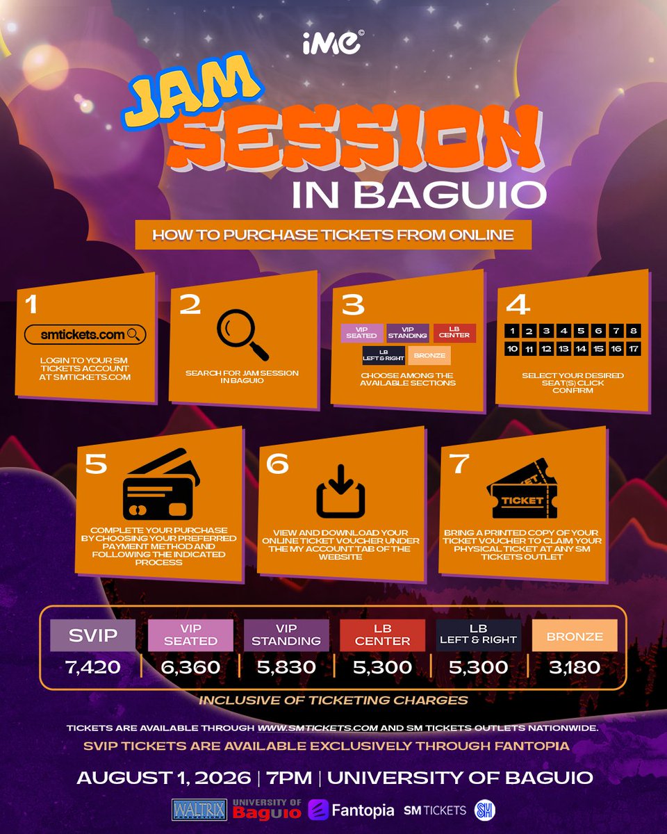 ImePhilippines's tweet photo. 🚨🎟️ 𝗚𝗘𝗧 𝗬𝗢𝗨𝗥 𝗧𝗜𝗖𝗞𝗘𝗧𝗦 𝗩𝗜𝗔 𝗦𝗠 𝗧𝗜𝗖𝗞𝗘𝗧𝗦! 🎟️🚨

Excited na bang maki-jam sa Baguio? 🎶🏔️

Whether you prefer buying online or visiting an SM Tickets outlet, securing your tickets is quick and easy! ✨

💻 𝗢𝗡𝗟𝗜𝗡𝗘 𝗣𝗨𝗥𝗖𝗛𝗔𝗦𝗘

✓ Visit the SM Tickets website
✓ Search for "Jam Session in Baguio"
✓ Choose your preferred ticket category
✓ Complete your payment
✓ Receive your ticket confirmation via email

🏪 𝗦𝗠 𝗧𝗜𝗖𝗞𝗘𝗧𝗦 𝗢𝗨𝗧𝗟𝗘𝗧 𝗣𝗨𝗥𝗖𝗛𝗔𝗦𝗘

✓ Visit any authorized SM Tickets outlet nationwide
✓ Inform the cashier that you'd like to purchase tickets for Jam Session in Baguio
✓ Select your preferred ticket category
✓ Complete your payment at the counter
✓ Receive your printed ticket immediately

🎧 𝗝𝗔𝗠 𝗦𝗘𝗦𝗦𝗜𝗢𝗡 𝗜𝗡 𝗕𝗔𝗚𝗨𝗜𝗢
📅 𝗔𝘂𝗴𝘂𝘀𝘁 𝟭, 𝟮𝟬𝟮𝟲 | 𝟳:𝟬𝟬 𝗣𝗠
📍 𝗨𝗻𝗶𝘃𝗲𝗿𝘀𝗶𝘁𝘆 𝗼𝗳 𝗕𝗮𝗴𝘂𝗶𝗼
🎟️ 𝗦𝗘𝗖𝗨𝗥𝗘 𝗬𝗢𝗨𝗥 𝗧𝗜𝗖𝗞𝗘𝗧:
SM Tickets: https://t.co/mMvWxVtTSt

Don’t wait until the last minute—grab your tickets now and get ready for an unforgettable night of music! 🎸✨

#JamSessionInBaguio #SMTickets #TicketGuide #LiveMusicPH #BaguioEvents #ConcertPH #OPM #JamSession2026 #iMePH #iMePhilippines