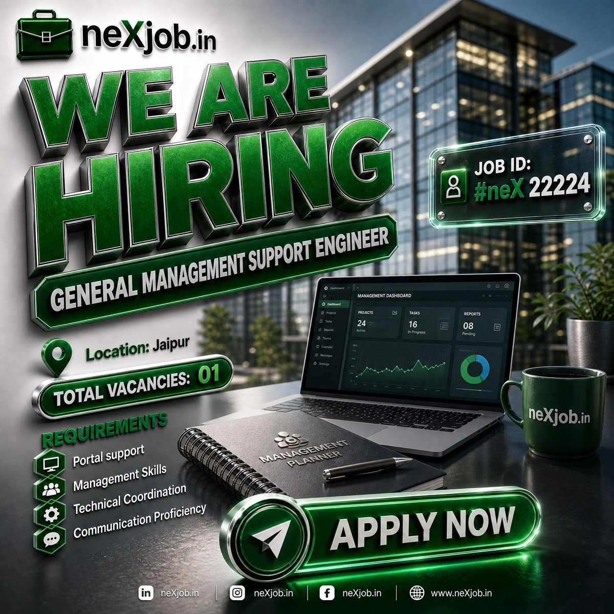neXjobin's tweet photo. We are HIRING! π
Join https://t.co/P1Anr9qqqx as a General Management Support Engineer in Jaipur.
πΉ Job ID: #neX 22224 π Location: Jaipur β
Portal Support |
Apply now: π https://t.co/RqnLxe6nkG
#Hiring #JaipurJobs #ManagementEngineer #Career #JobAlert #neXjob #Engine https://t.co/Zg2zp5bFKN