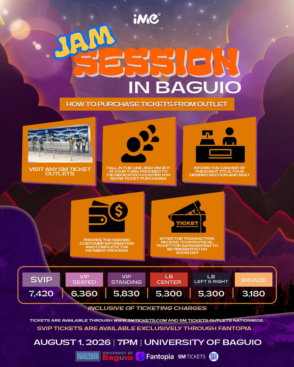 ImePhilippines's tweet photo. 🚨🎟️ 𝗚𝗘𝗧 𝗬𝗢𝗨𝗥 𝗧𝗜𝗖𝗞𝗘𝗧𝗦 𝗩𝗜𝗔 𝗦𝗠 𝗧𝗜𝗖𝗞𝗘𝗧𝗦! 🎟️🚨

Excited na bang maki-jam sa Baguio? 🎶🏔️

Whether you prefer buying online or visiting an SM Tickets outlet, securing your tickets is quick and easy! ✨

💻 𝗢𝗡𝗟𝗜𝗡𝗘 𝗣𝗨𝗥𝗖𝗛𝗔𝗦𝗘

✓ Visit the SM Tickets website
✓ Search for "Jam Session in Baguio"
✓ Choose your preferred ticket category
✓ Complete your payment
✓ Receive your ticket confirmation via email

🏪 𝗦𝗠 𝗧𝗜𝗖𝗞𝗘𝗧𝗦 𝗢𝗨𝗧𝗟𝗘𝗧 𝗣𝗨𝗥𝗖𝗛𝗔𝗦𝗘

✓ Visit any authorized SM Tickets outlet nationwide
✓ Inform the cashier that you'd like to purchase tickets for Jam Session in Baguio
✓ Select your preferred ticket category
✓ Complete your payment at the counter
✓ Receive your printed ticket immediately

🎧 𝗝𝗔𝗠 𝗦𝗘𝗦𝗦𝗜𝗢𝗡 𝗜𝗡 𝗕𝗔𝗚𝗨𝗜𝗢
📅 𝗔𝘂𝗴𝘂𝘀𝘁 𝟭, 𝟮𝟬𝟮𝟲 | 𝟳:𝟬𝟬 𝗣𝗠
📍 𝗨𝗻𝗶𝘃𝗲𝗿𝘀𝗶𝘁𝘆 𝗼𝗳 𝗕𝗮𝗴𝘂𝗶𝗼
🎟️ 𝗦𝗘𝗖𝗨𝗥𝗘 𝗬𝗢𝗨𝗥 𝗧𝗜𝗖𝗞𝗘𝗧:
SM Tickets: https://t.co/mMvWxVtTSt

Don’t wait until the last minute—grab your tickets now and get ready for an unforgettable night of music! 🎸✨

#JamSessionInBaguio #SMTickets #TicketGuide #LiveMusicPH #BaguioEvents #ConcertPH #OPM #JamSession2026 #iMePH #iMePhilippines