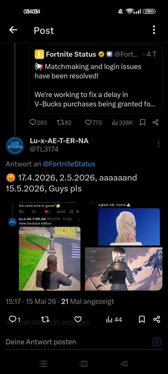 TL3174's tweet photo. @FortniteStatus Normal? Bro i ask since 17.04.2026 to fix this shit, i pay Money for Item  and its not working. You answered me about this, and then nothing. 
So pls fix this holo Backbling. https://t.co/PH7DdMFLzm