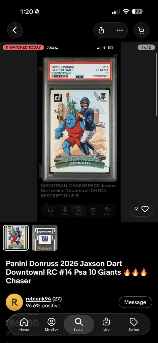 BermanGabe's tweet photo. It’s insane to me that @eBay allows people to do this. Saw two of these “chasers” sell last night for the price of a PSA 10 Dart downtown. https://t.co/r43zvPCwhL