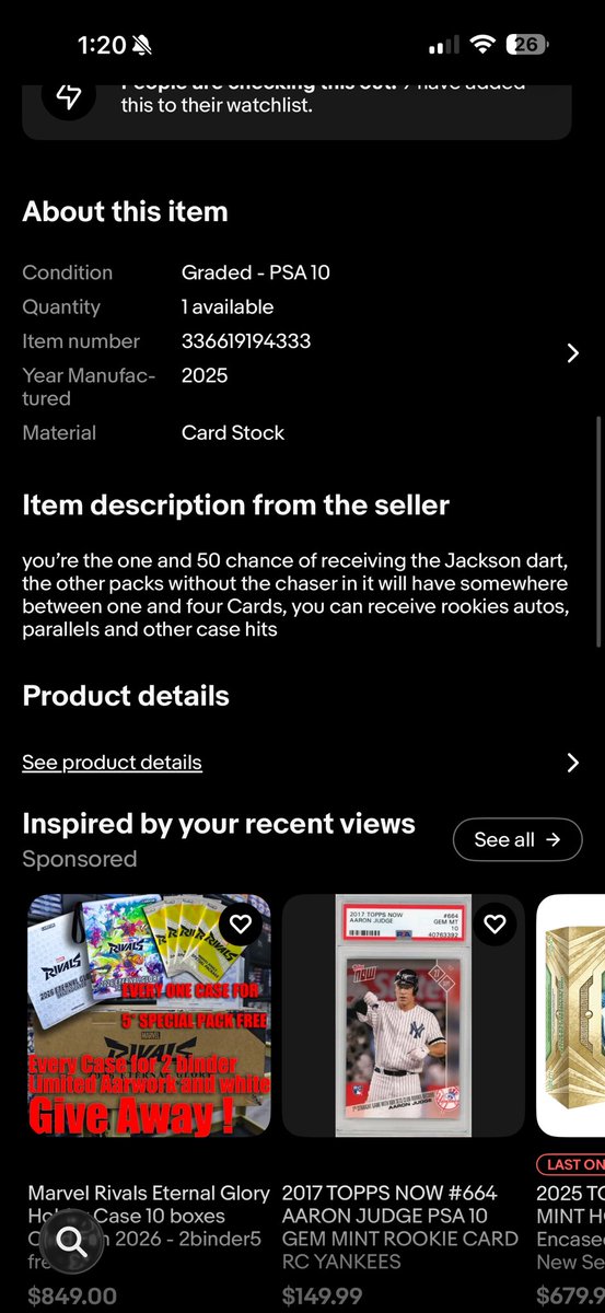 BermanGabe's tweet photo. It’s insane to me that @eBay allows people to do this. Saw two of these “chasers” sell last night for the price of a PSA 10 Dart downtown. https://t.co/r43zvPCwhL