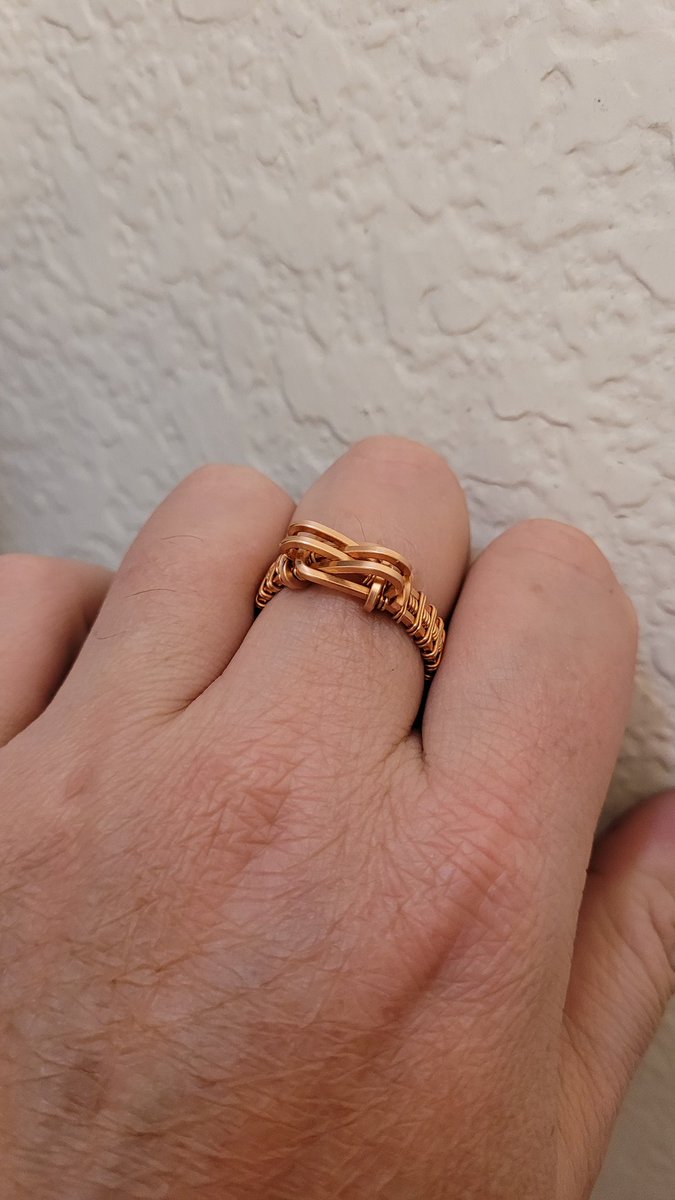 RevFox84's tweet photo. My work day was filled with meetings that should have been emails and vice versa.

So I made a ring!

16ga HH square copper and 24ga DS round copper. https://t.co/xD5H8D18yh