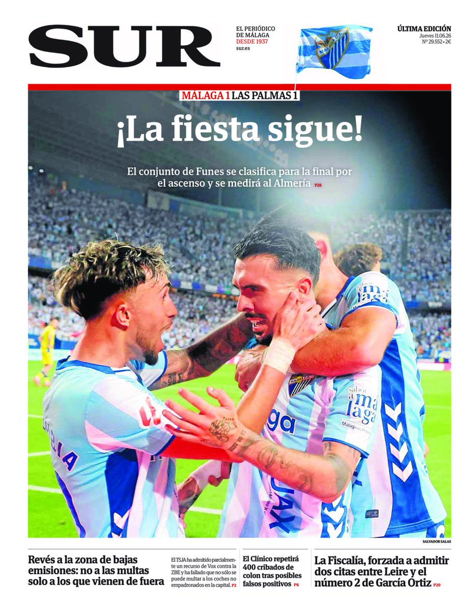 DiarioSUR's tweet photo. 📰 Buenos días. Hoy, #portadaSUR destaca la gran fiesta en La Rosaleda tras el pase del #MálagaCF a la final de los play off al empatar frente a Las Palmas. Además, el TSJA tumba la Zona de Bajas Emisiones al dictaminar que no se puede multar sólo a los de fuera de #Málaga. https://t.co/nc76FuZJxc