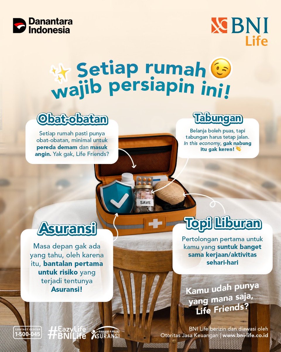 BNILifeID's tweet photo. Rumah idaman itu bukan cuma yang estetik, tapi yang SIAP untuk segala situasi! 💯

Sakit ringan? Obat ready.❤️‍🩹
Butuh piknik? ambil topi lanjut packing! 🧳✨
Tanggal tua? Tabungan ada!🫰🏼
Khawatir ada risiko dimana-mana? Asuransi udah standby.🛟

Kalau di rumah kamu sendiri, apa nih satu barang yang nggak boleh banget sampai kosong? Coba absen di bawah, mari kita lihat barang siapa yang paling unik! 🗣️👇

Ini versi LifeMin, kalau versi kamu apa? Tulis yuk di kolom komentar! ❤️

#EazyLifeBNILife
#BerkolaborasiMelindungiLangkahmu
#melayanisepenuhhati