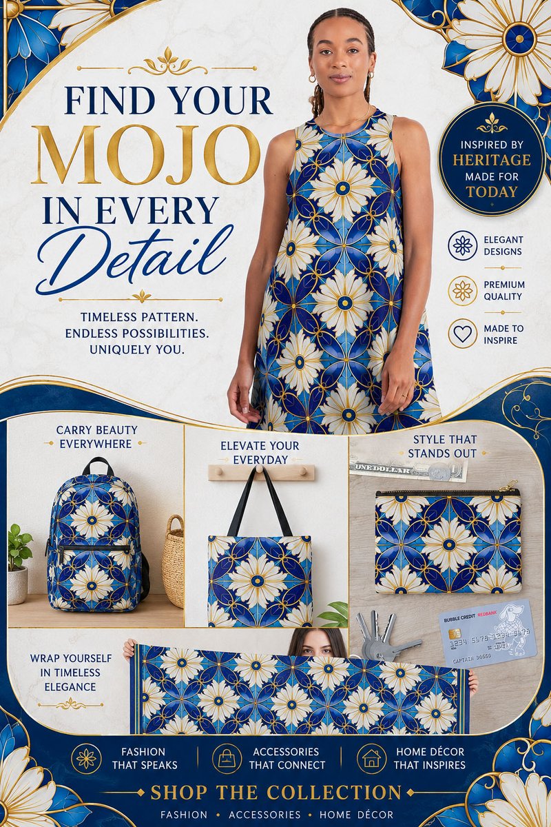 _wheresmymojo's tweet photo. 💙✨ Bring the timeless beauty of Mediterranean artistry into your everyday life.

Inspired by classic Portuguese Azulejo tiles, this elegant blue-and-gold floral pattern blends heritage craftsmanship with modern style. From phone cases and tote bags to home décor and apparel.

Find Your Mojo. One beautiful detail at a time. 🇵🇹✨ --> https://t.co/H8ofm9iS0Y   #Azulejo #PortugueseTiles #MediterraneanStyle #BlueAndGold #Redbubble #RedbubbleArtist #PatternDesign #SurfacePatternDesign #HomeDecorIdeas #ToteBagDesign #PhoneCaseArt #FloralPattern #EuropeanAesthetic #FindYourMojo #Fashion #OOTD