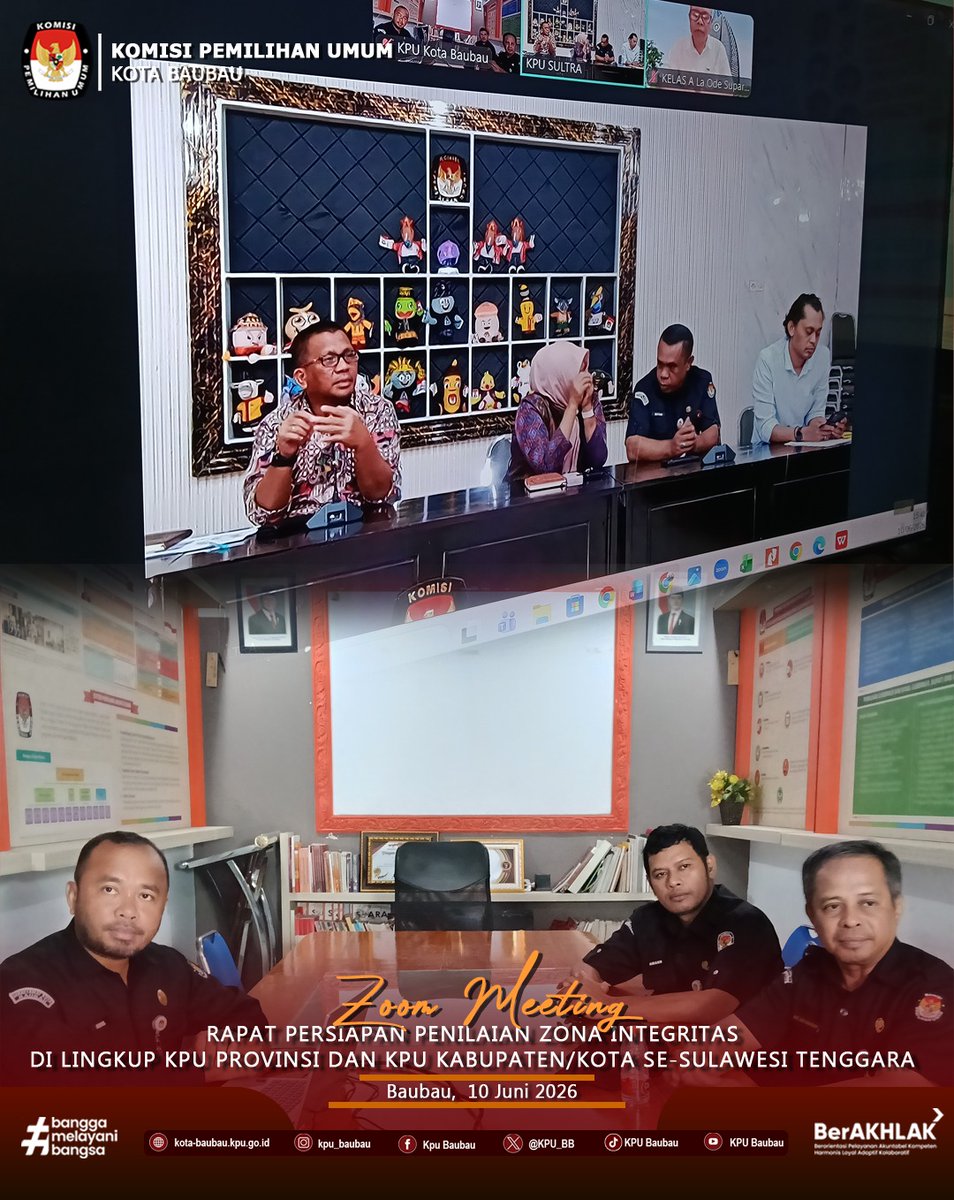 KPU_BB's tweet photo. #TemanPemilih, KPU Kota Baubau mengikuti Zoom Meeting Rapat Persiapan Penilaian Zona Integritas di Lingkup KPU Provinsi dan KPU Kabupaten/Kota Se-Sulawesi Tenggara yang digelar oleh Komisi Pemilihan Umum Provinsi Sulawesi Tenggara, Rabu (10/6/2026).

#KPUMelayani https://t.co/lVwkq1ruQX