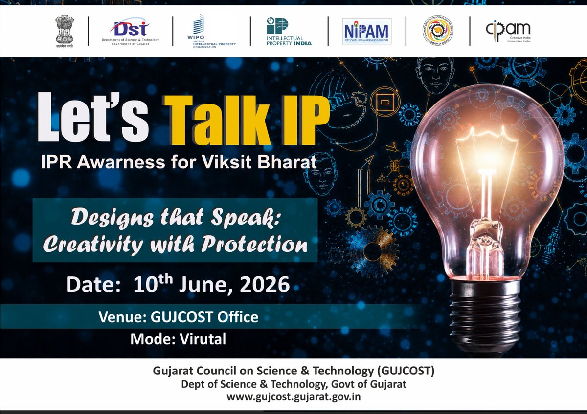 IpLabMorbi's tweet photo. Leťs TAIK IP
IPR Awarness for Viksit Bharat
Designs that Spcak: Crcativity with Protection
Creativity meets strategy. True innovation needs a solid shield. Protect your unique designs to build a stronger, self-reliant nation. #IPRAwareness @InfoGujcost @picgujcost @cscmorbi https://t.co/HAmMmQNSrM
