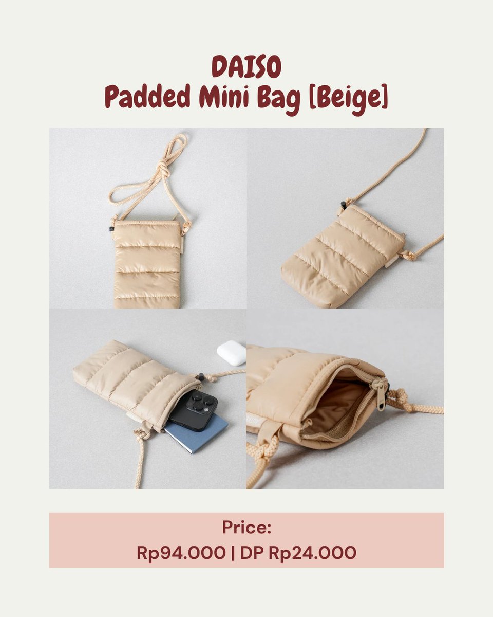 88OUTLET's tweet photo. OPEN PO JASTIP HANDCARRY — DAISO Padded Mini Crossbody Bag Beige / Slingbag

Price:
Rp94.000 | DP Rp24.000

౨ৎ hc eta 30 June
౨ৎ bca, all e-wallet, gosend, shopee available
౨ৎ dm or wa to order (mention after dm)
౨ৎ guidelines: https://t.co/I7W1X9aRED https://t.co/67Ev5a85Hv