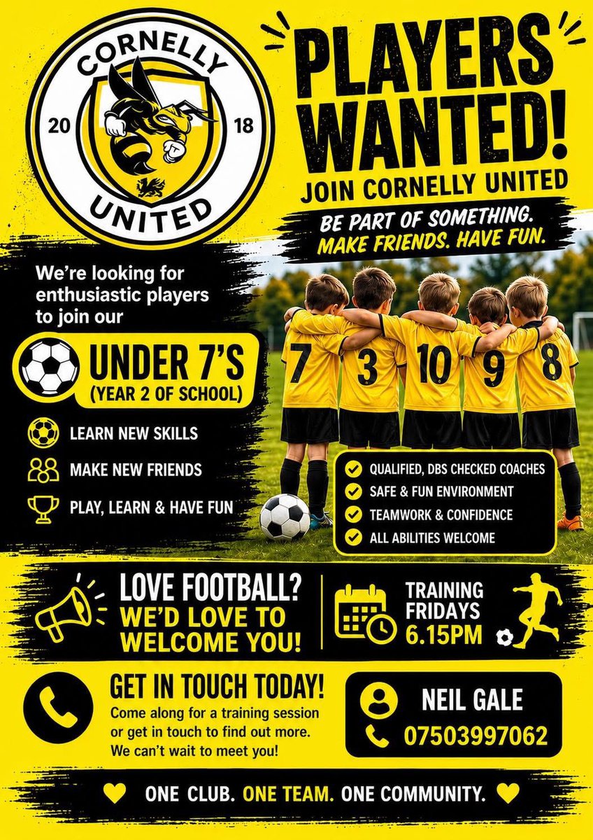 Cornelly_United's tweet photo. Evening pleased to announce that our first session for our new Cornelly u7s will start on Friday 19th at 18.15. 
Come along for fun football smiles and a bit of madness. 🐝🐝⚽️⚽️👀👀
Just ping me message 07503997062
Cheers Neil https://t.co/3j1t7qEZbX