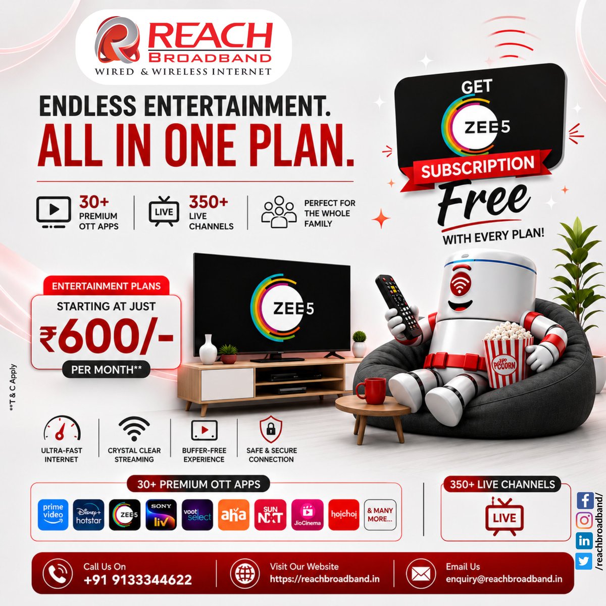 Reach_Broadband's tweet photo. #REACHBroadband #ZEE5Free #ZEE5Premium #BestBroadbandInHyderabad #HomeEntertainment #ZEE5Originals #RegionalMovies #30PremiumOTT #350LiveChannels #600PerMonth #Rangareddy #Telangana #HomeFibernet #BufferFreeStreaming #BingeWatch #SmartHome #HighSpeedInternet #InternetProvider https://t.co/8M9g5X38dn