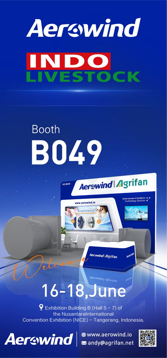 _Aerowind's tweet photo. Meet Aerowind at Indo Livestock 2026
Discover our latest livestock ventilation solutions, including:
• MF50 Cone Fan Series
• 57" FRP EC Fans
Visit us at Booth B049.
June 16–18, 2026
 NICE, Tangerang, Indonesia
More: https://t.co/CKFU8PMYvw
#Aerowind #IndoLivestock2026 https://t.co/EvzZeZKGhg