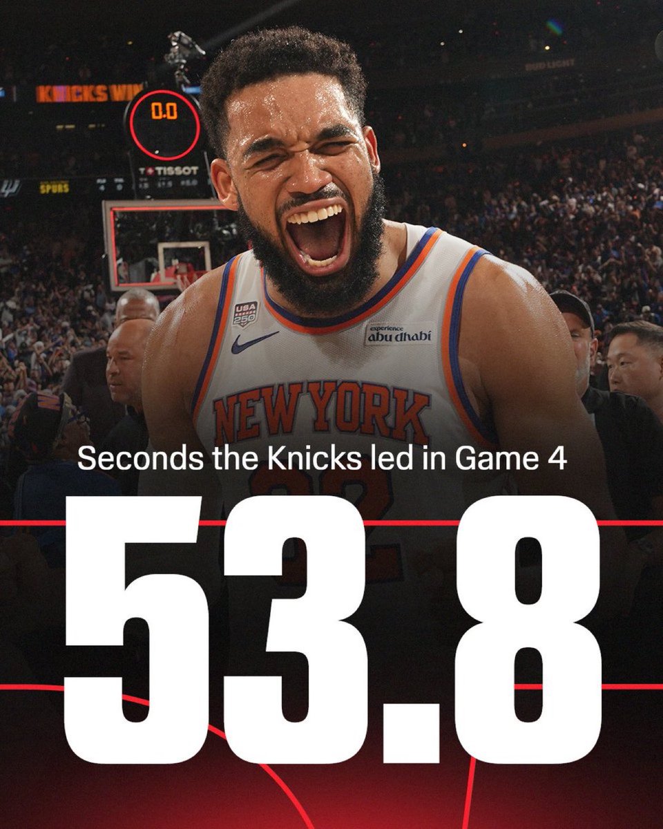RyanFieldABC's tweet photo. The Miracle at MSG! 

The Knicks led for just 53.8 seconds in Game 4…

That's the 2nd-lowest amount of time leading in a Finals win since the 1976-77 merger. https://t.co/N3FyISvHvr