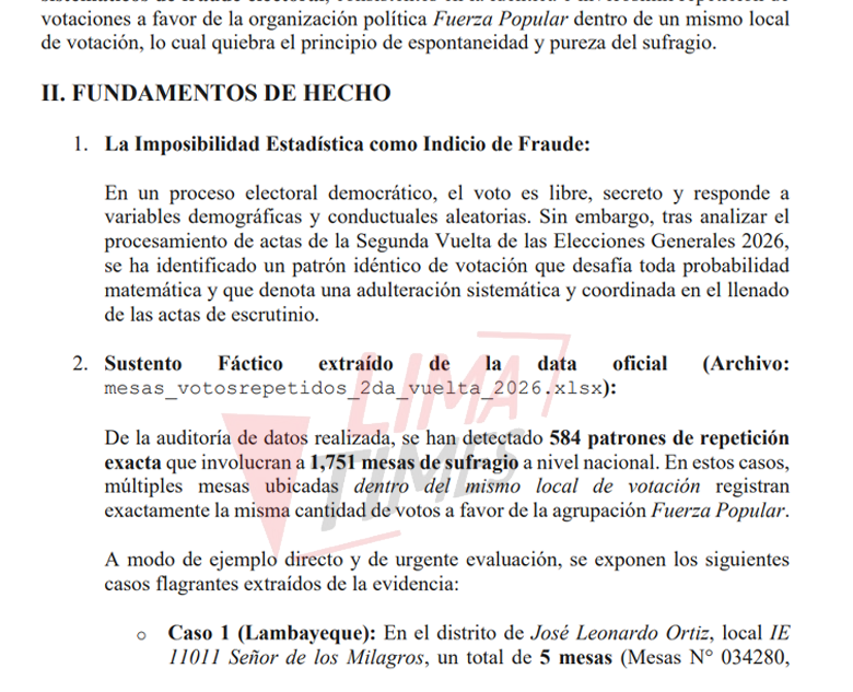 limatimespe's tweet photo. #ÚLTIMO | Juntos por el Perú presentó esta noche recurso de nulidad contra 1751 mesas de sufragio de Lima. 

Partido alude supuestos "indicios graves, concordantes y sistemáticos de fraude electoral", aunque el argumentos es débil.

Actitud similar a lo de Keiko Fujimori de 2021. https://t.co/98ec8p4a0A