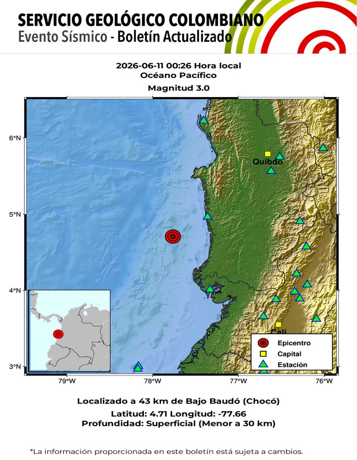 sgcol's tweet photo. #SismosColombiaSGC Evento Sísmico - Boletín Actualizado 1, 2026-06-11, 00:26 hora local Magnitud 3.0, Profundidad superficial, Océano Pacífico ¿Sintió este sismo? repórtelo https://t.co/pgC7OC2O7j https://t.co/63pt8nVsSe #Temblor #Sismo https://t.co/0czaraysUZ