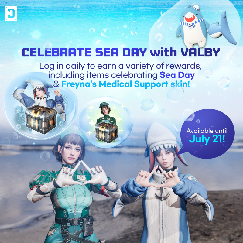 FirstDescendant's tweet photo. 🦈 Valby is here with a fresh new look this Sea Day  - #TFD0618Update is live!
Log in daily to claim Valby's Sea Day Mascot skin, Sea Day-themed customization items and Freyna's Medical Support Skin! https://t.co/TOZJgyv4rH